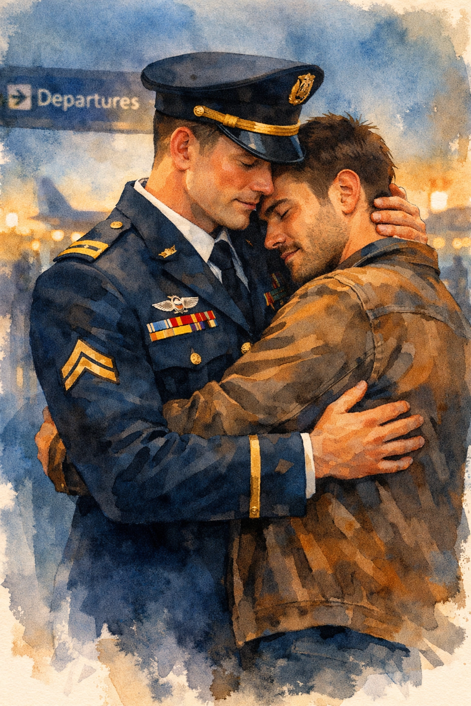 Military serviceman embraces civilian partner in emotional MM romance departure scene