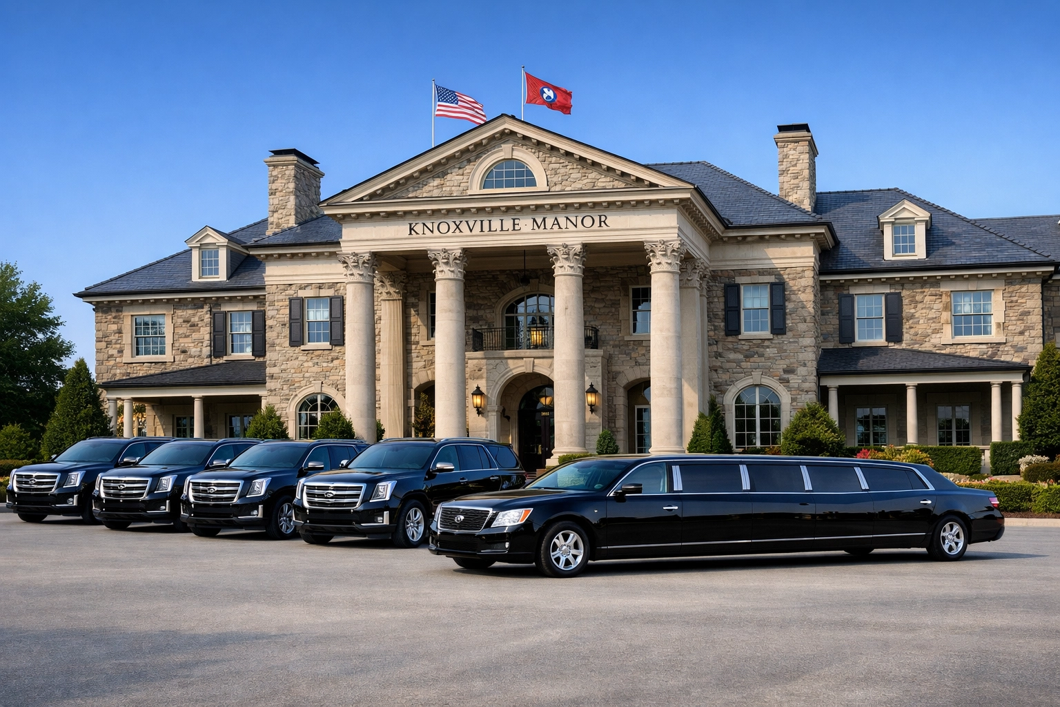 A fleet of executive black cars and limousines parked at a grand estate for car service Knoxville.
