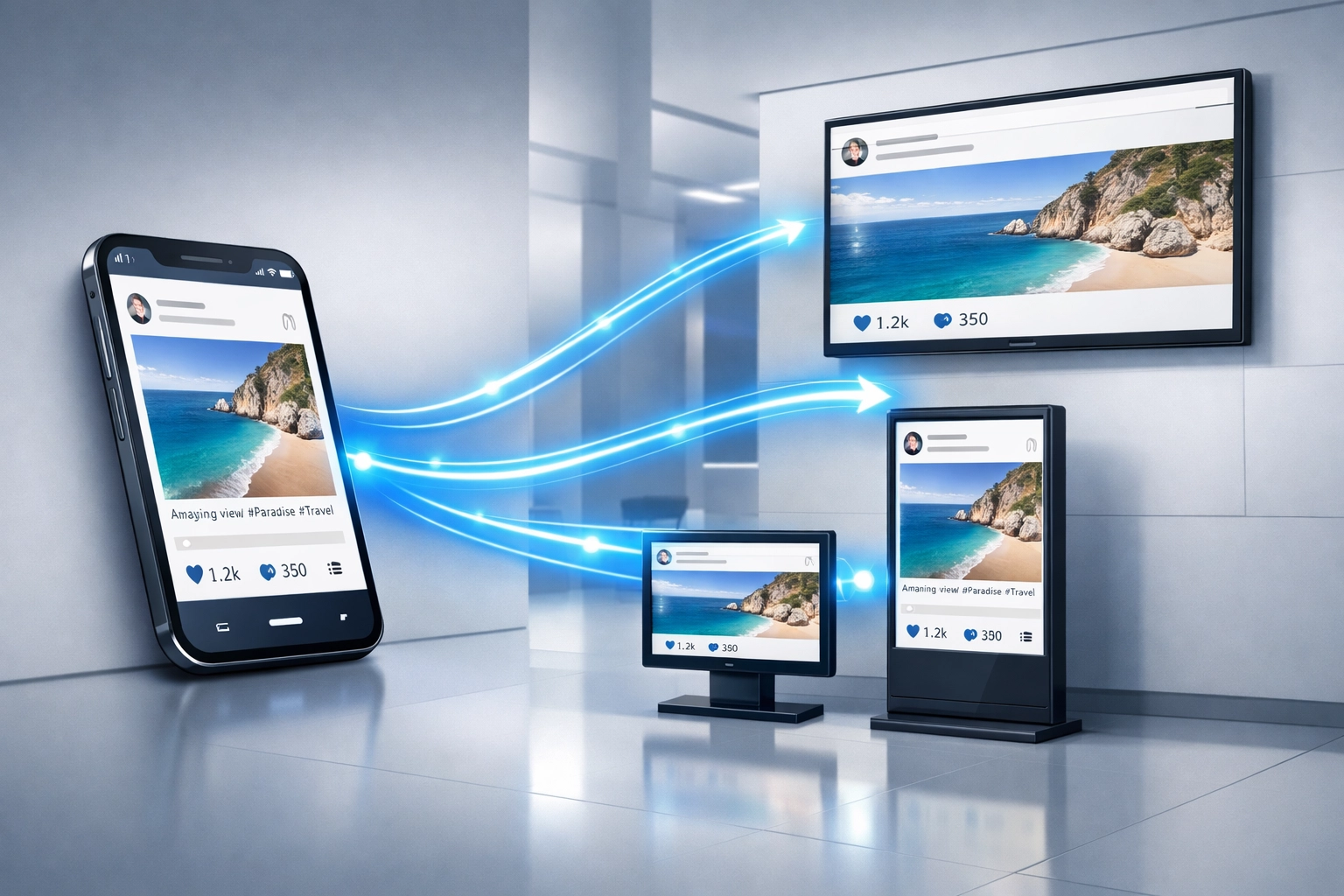 Content flowing from smartphone to multiple digital signage displays in sports venue