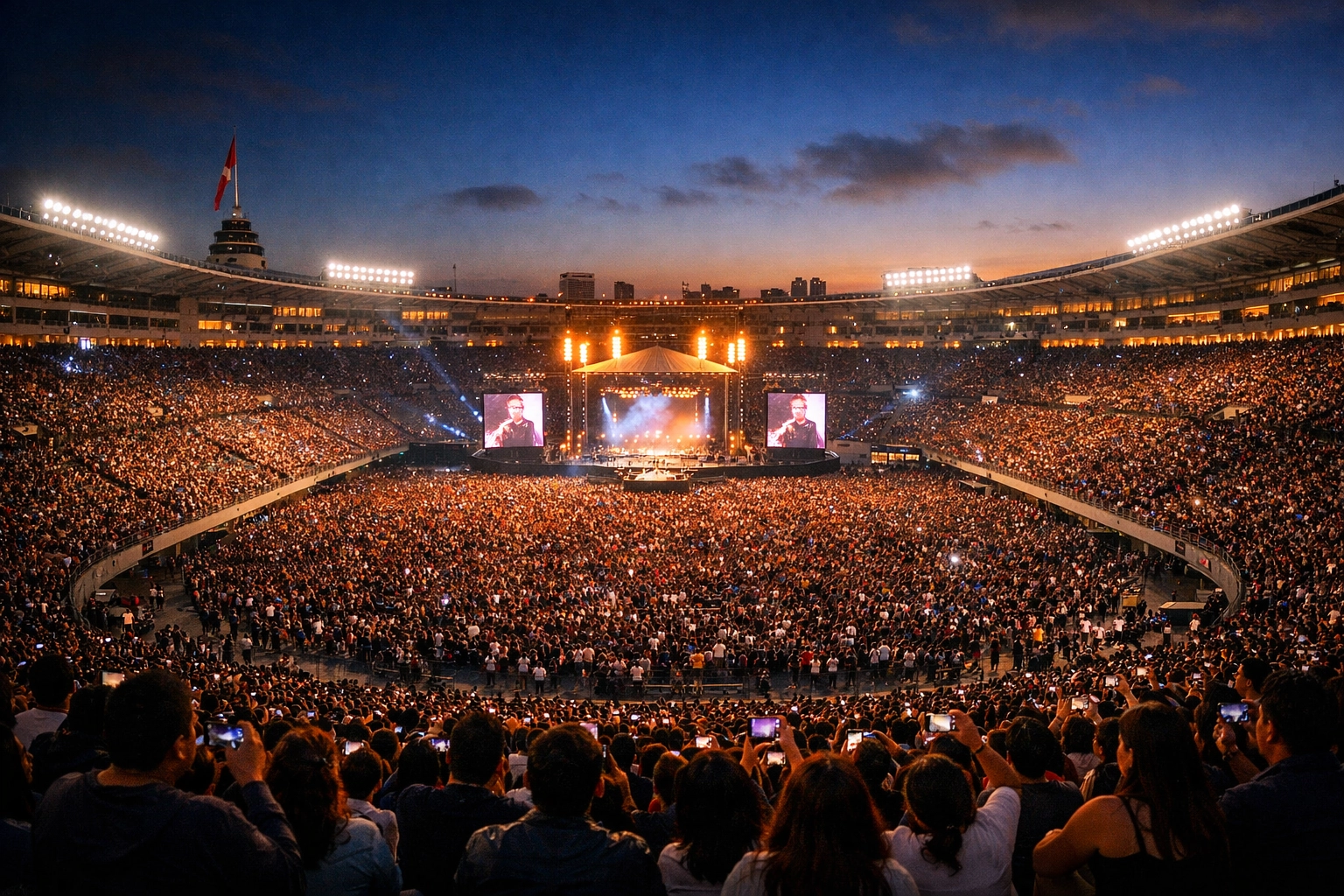 Thousands gather in Peru's National Stadium for a unified Christian revival event in Lima.