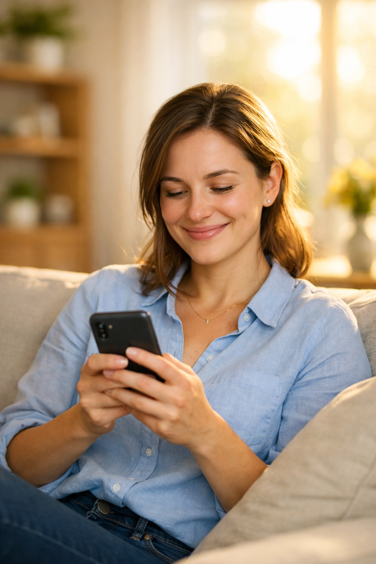 Relieved woman using her phone to receive an instant payday loan in Canada from her home.