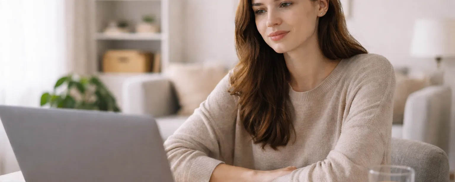 A woman sits comfortably at home, attentively engaging with her laptop in a calm, softly lit environment, representing a supportive online therapy session.