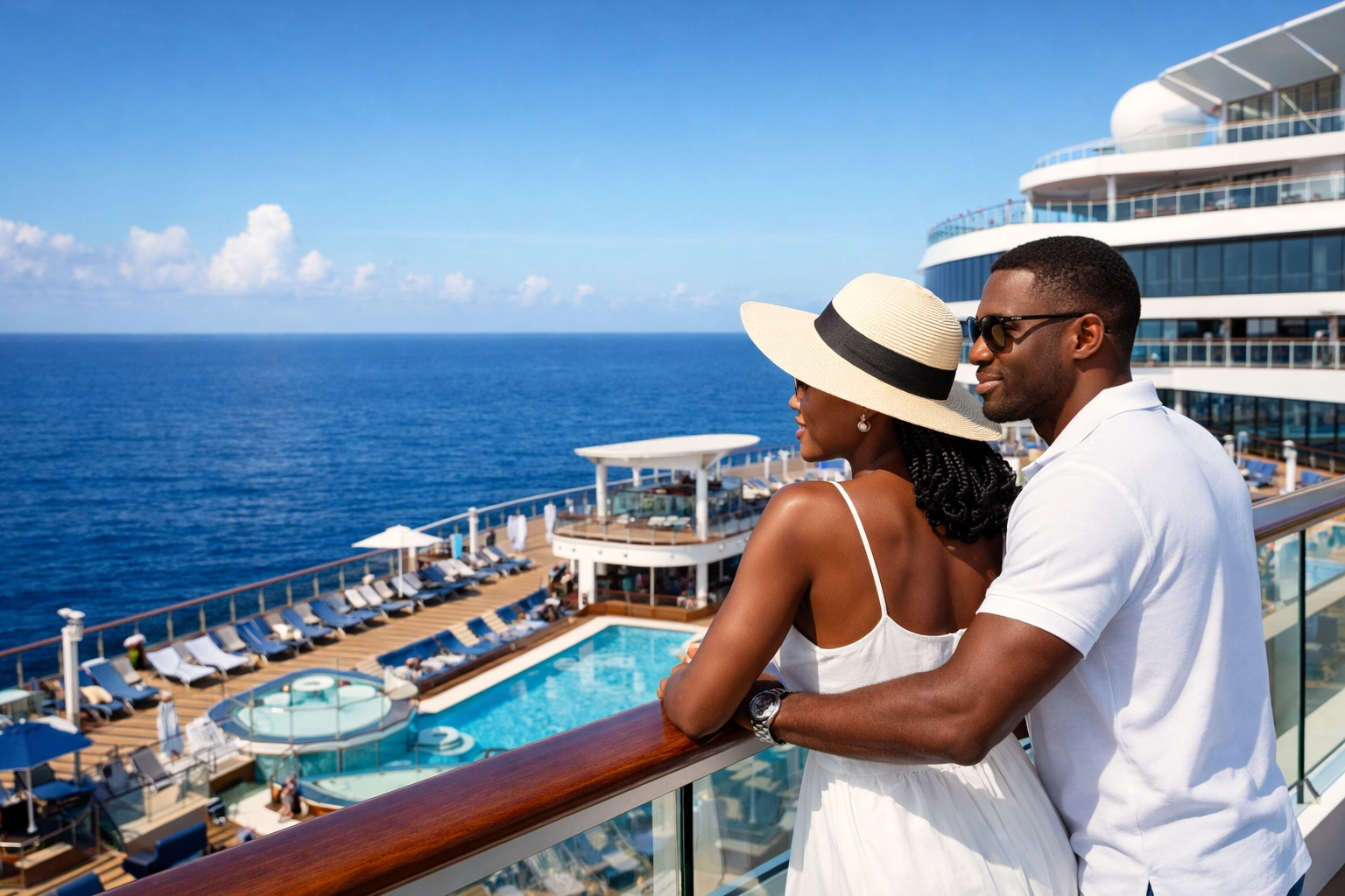 Black couple enjoying views from a modern cruise deck booked with a lifestyle cruises travel agent.