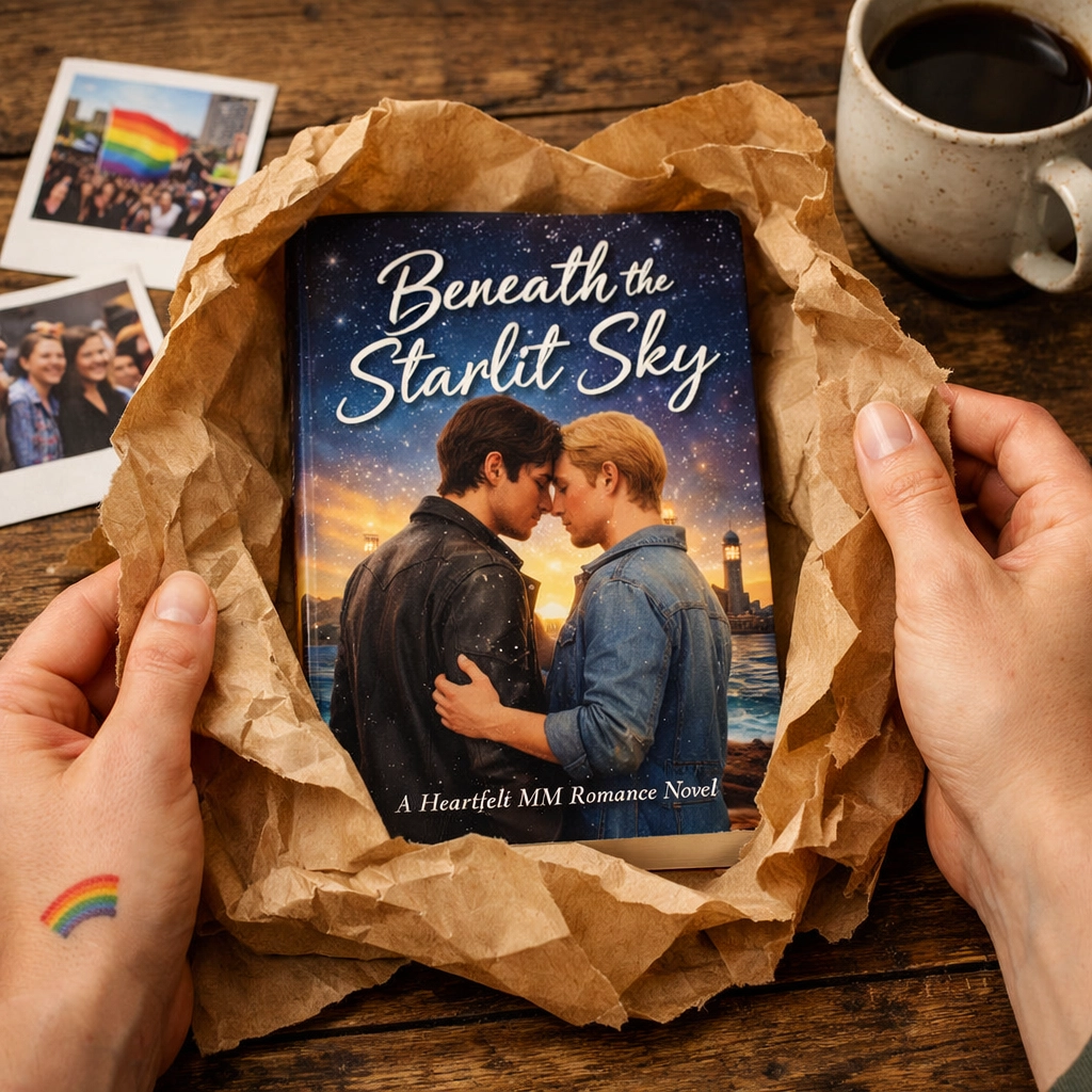 Hands unwrapping an indie MM romance book to support LGBTQ+ authors and the Read with Pride community.