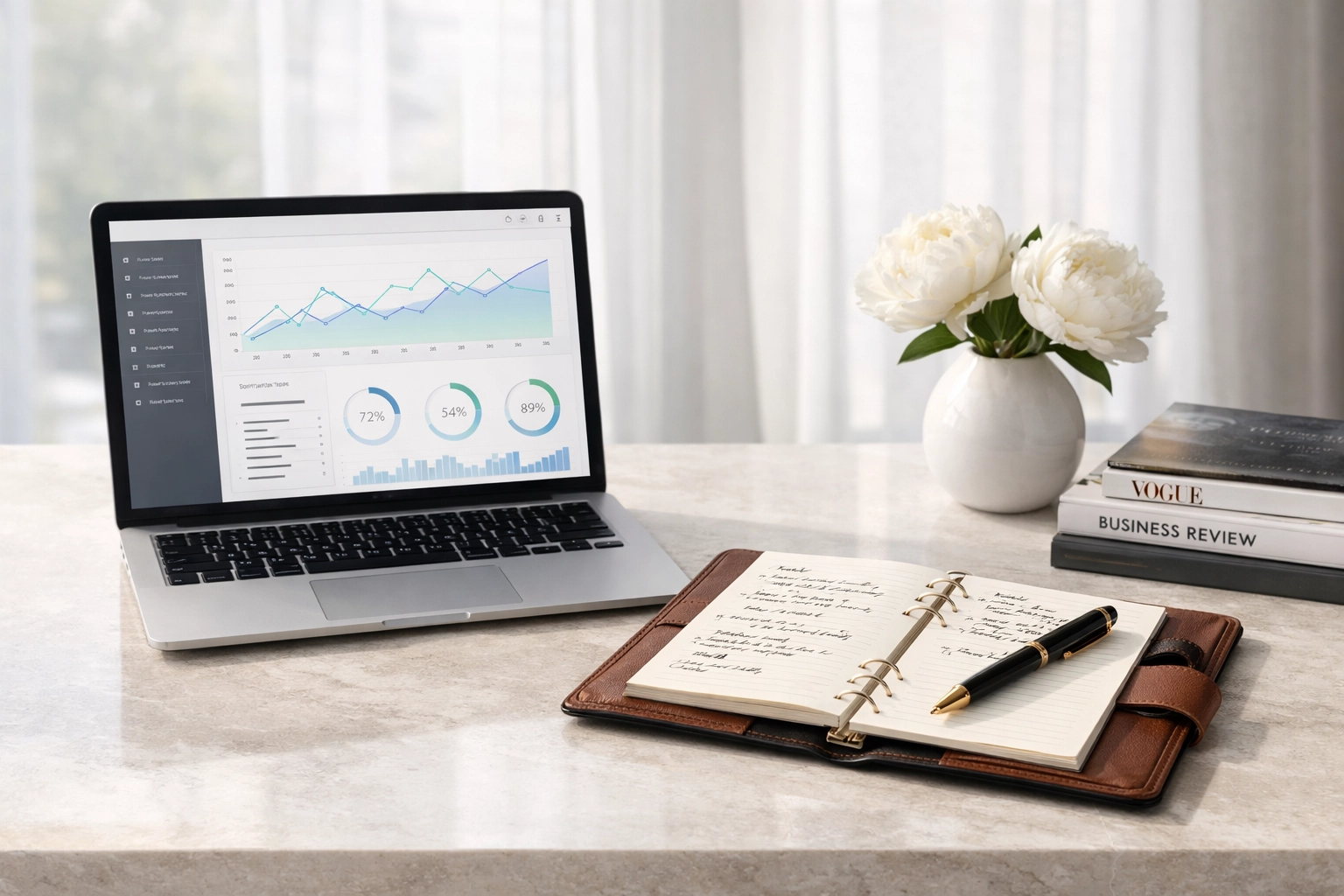 Professional influencer workspace featuring a data dashboard and planner for building a repeatable Amazon income system.