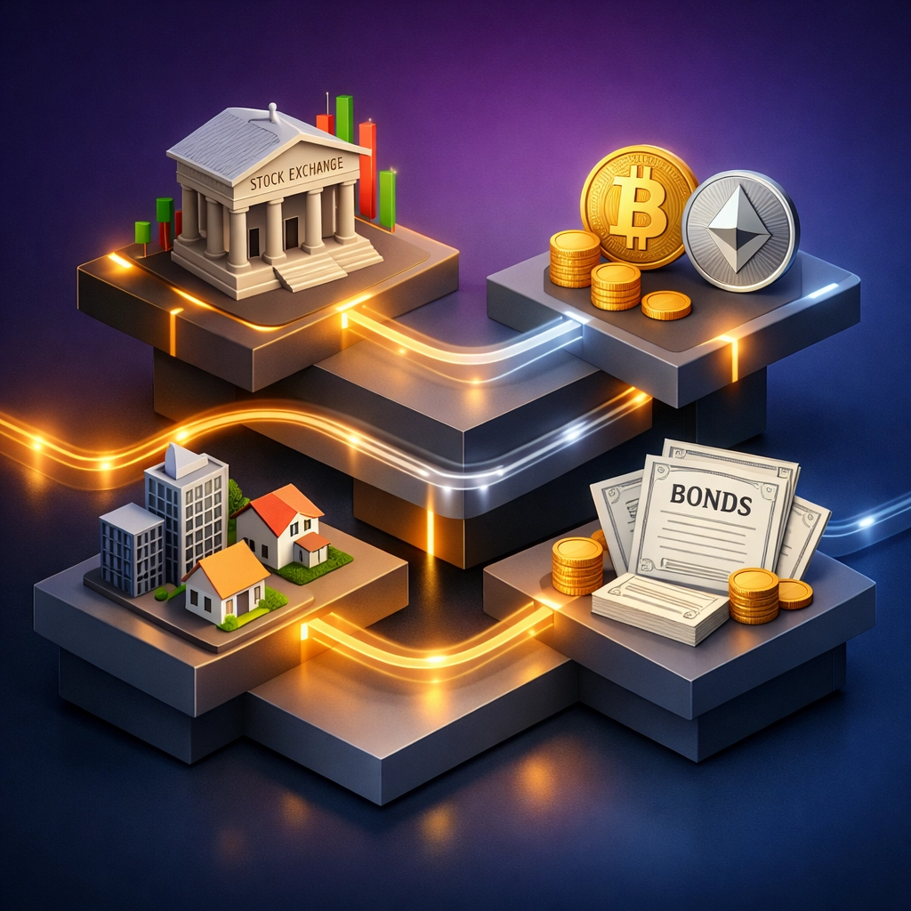 Multi-strategy hedge fund portfolio diversification across stocks, crypto, real estate, and bonds