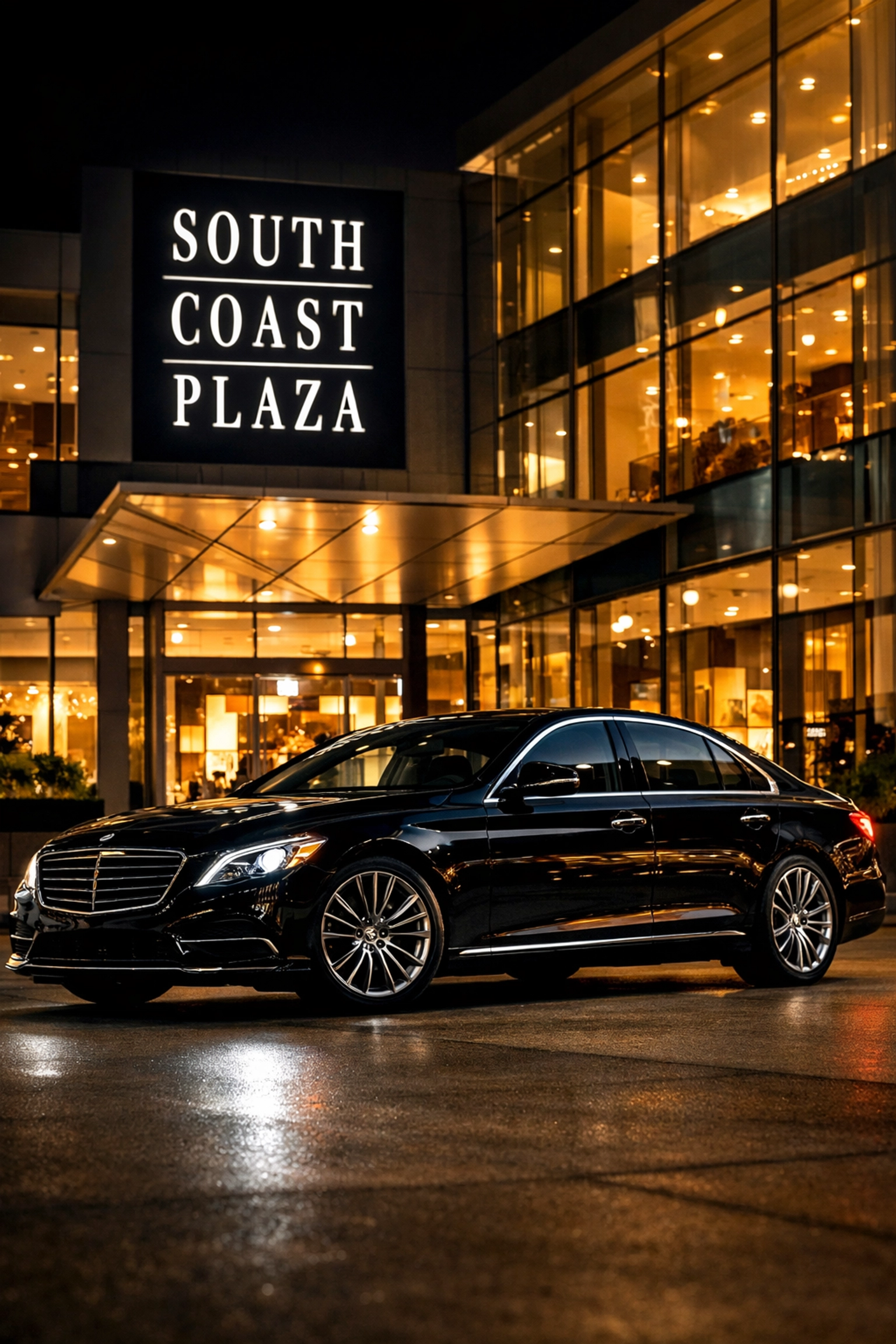 Luxury black sedan parked at South Coast Plaza in Costa Mesa for executive airport transfers