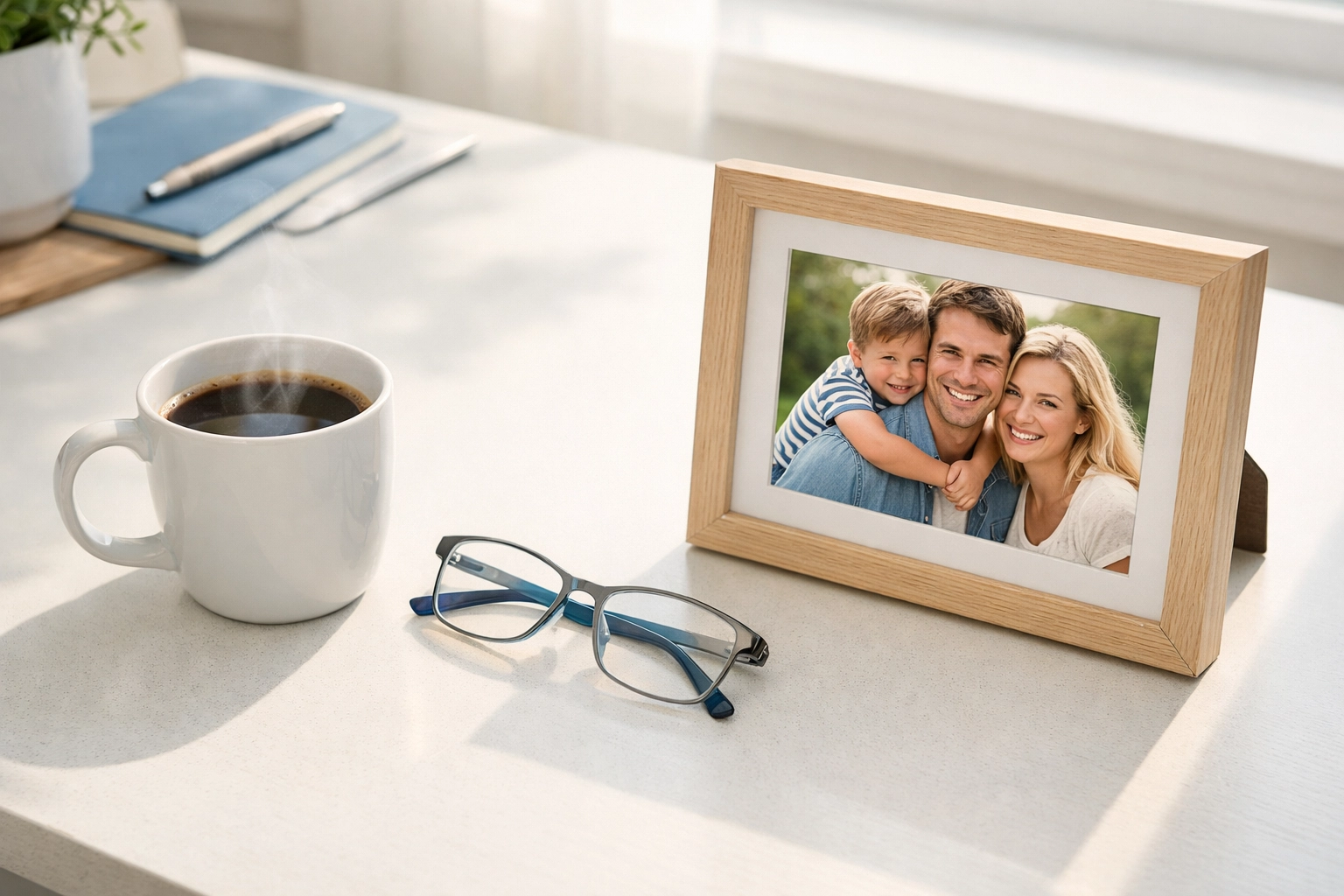 Home office desk with a family photo representing life changes that affect tax filing status.