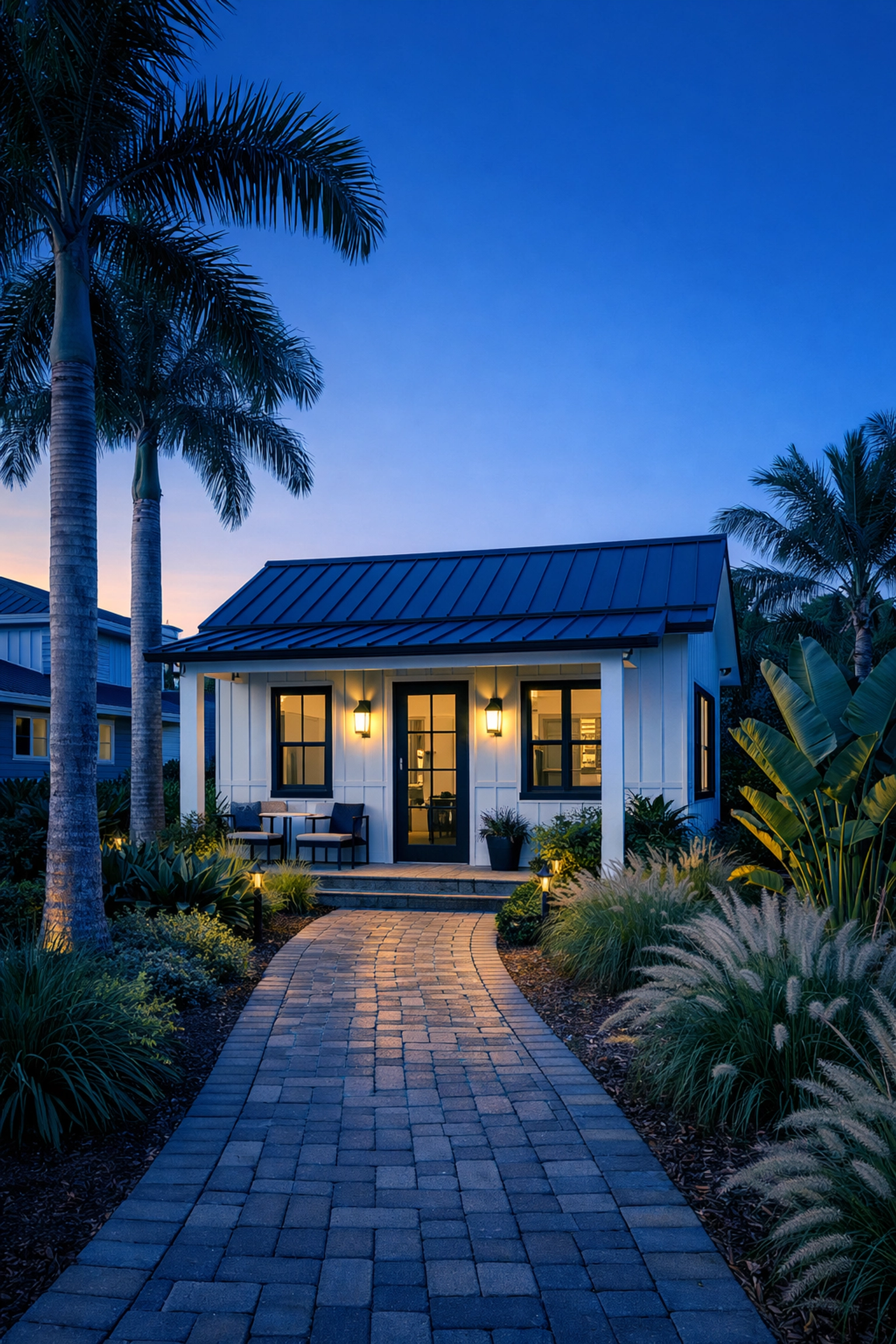 Modern detached ADU cottage with white siding in Fort Myers backyard with tropical landscaping