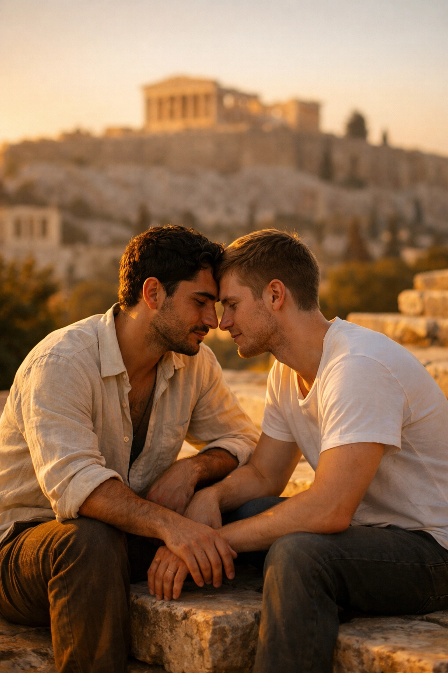 Two men share intimate moment on ancient Athens steps with Acropolis backdrop - Greek gay romance