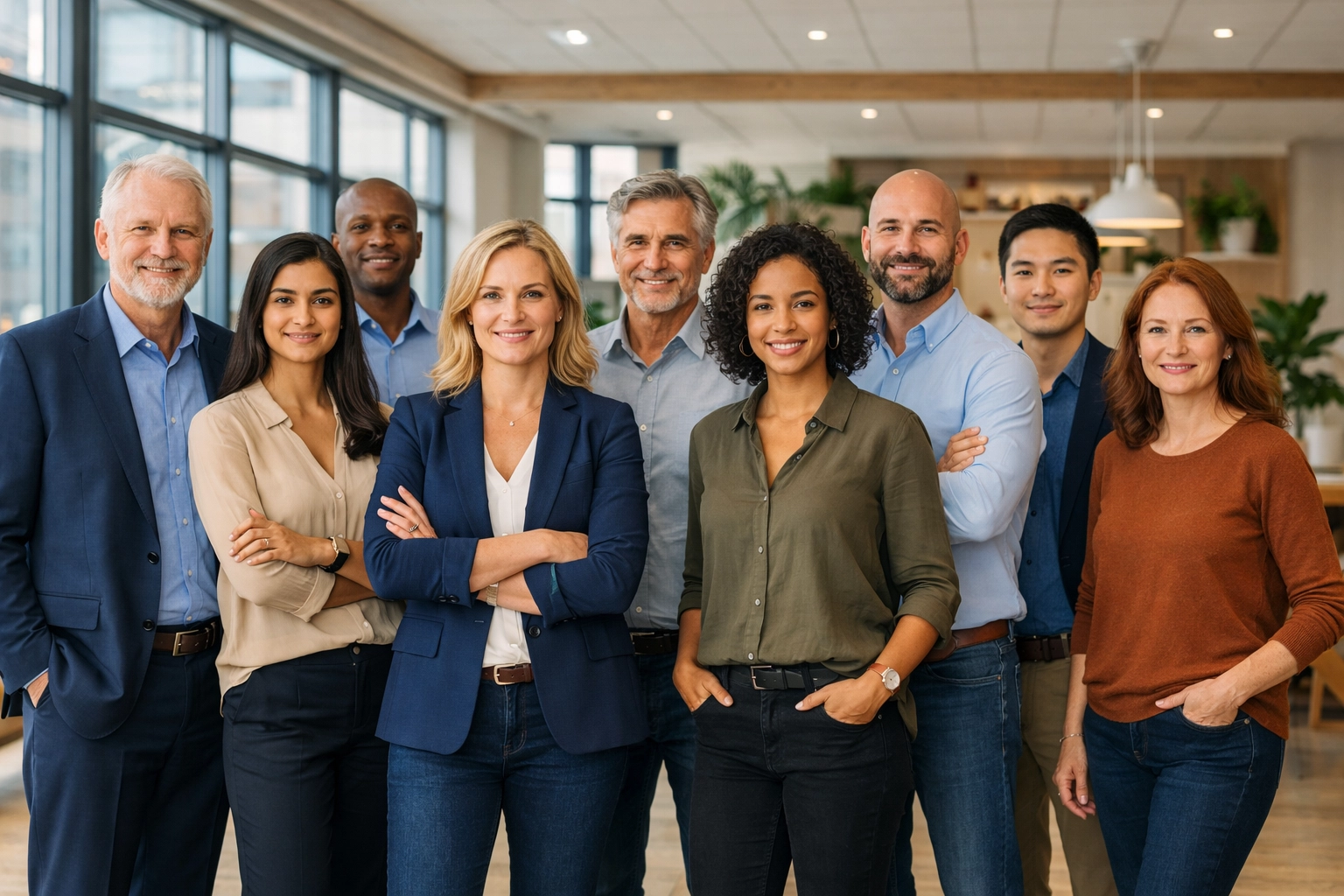 Diverse team of leaders standing together in modern office representing resilient workplace culture