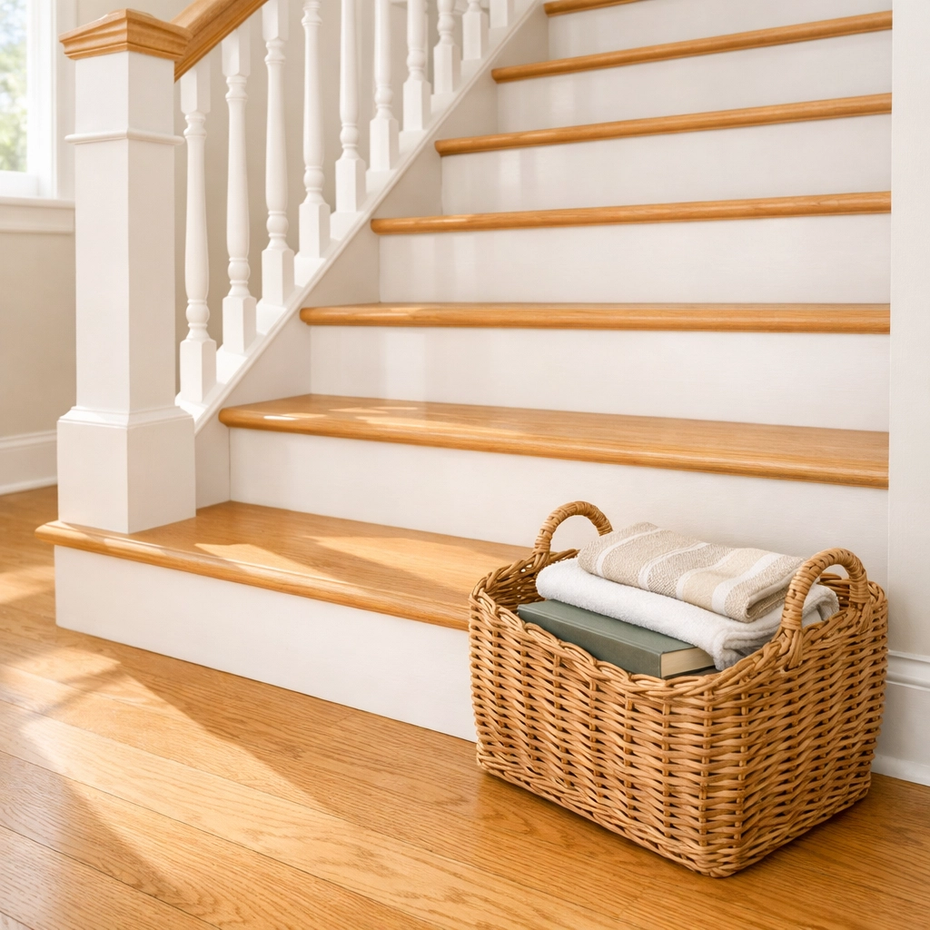 Clear staircase with a storage basket placed safely on the floor to prevent tripping hazards.