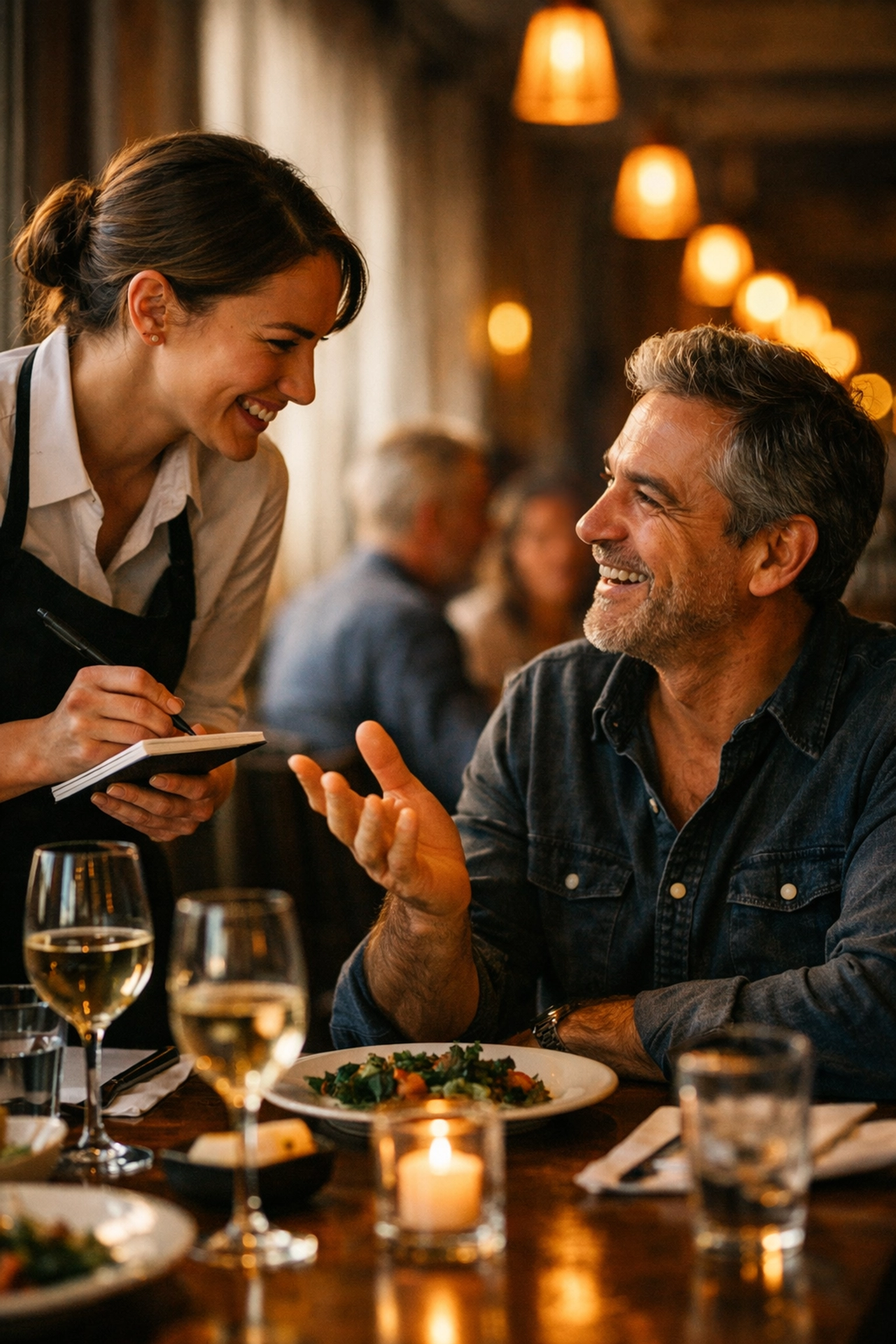 Restaurant server providing attentive guest service exemplifying enlightened hospitality