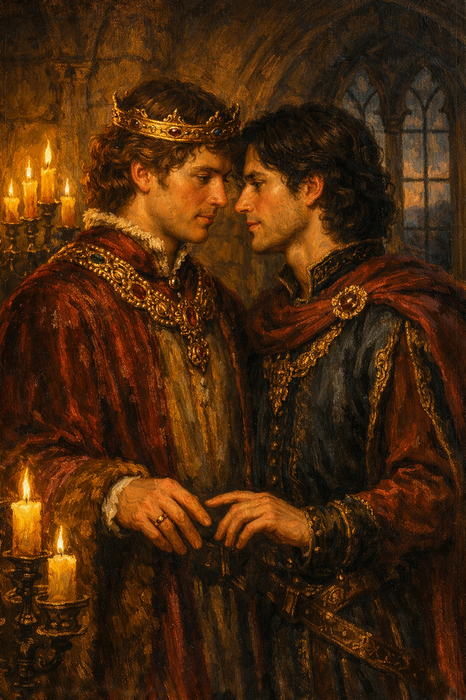 Edward II and Piers Gaveston in intimate moment inside castle - medieval gay royal romance