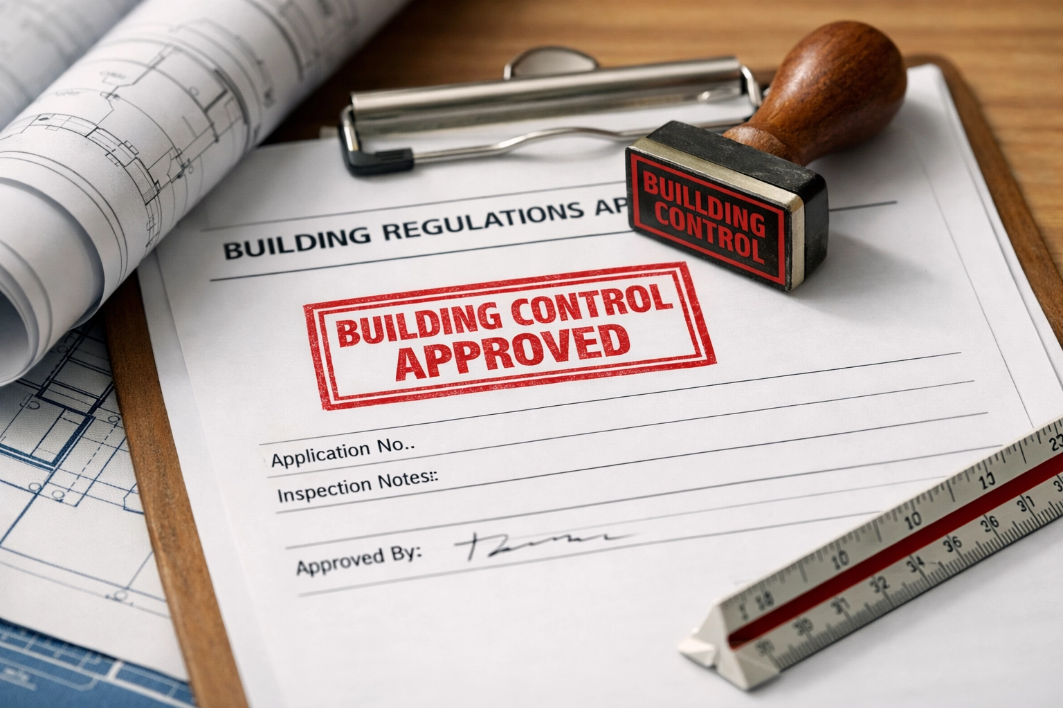 Building control approval documents and architectural plans for loft conversion project