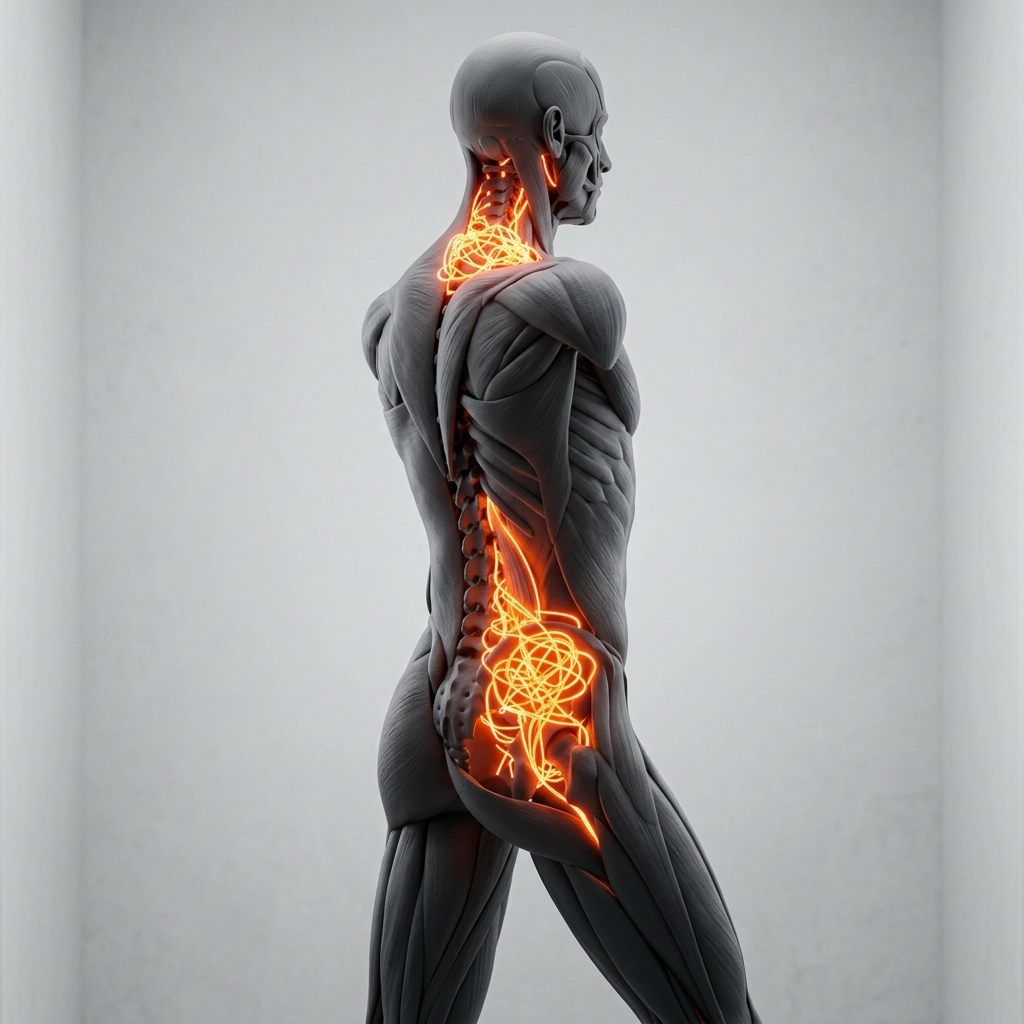 Graphic of a human body highlighting glowing spots where stress and trauma are stored in muscles.