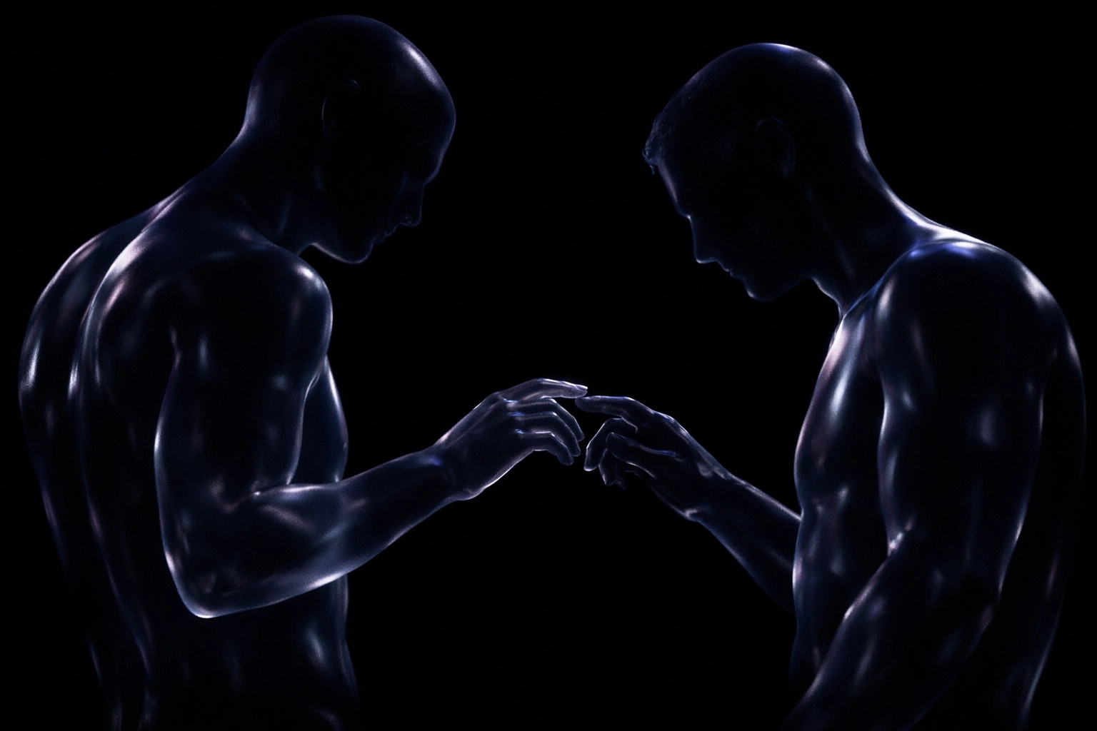 Two men connecting anonymously in darkness of gay bar dark room