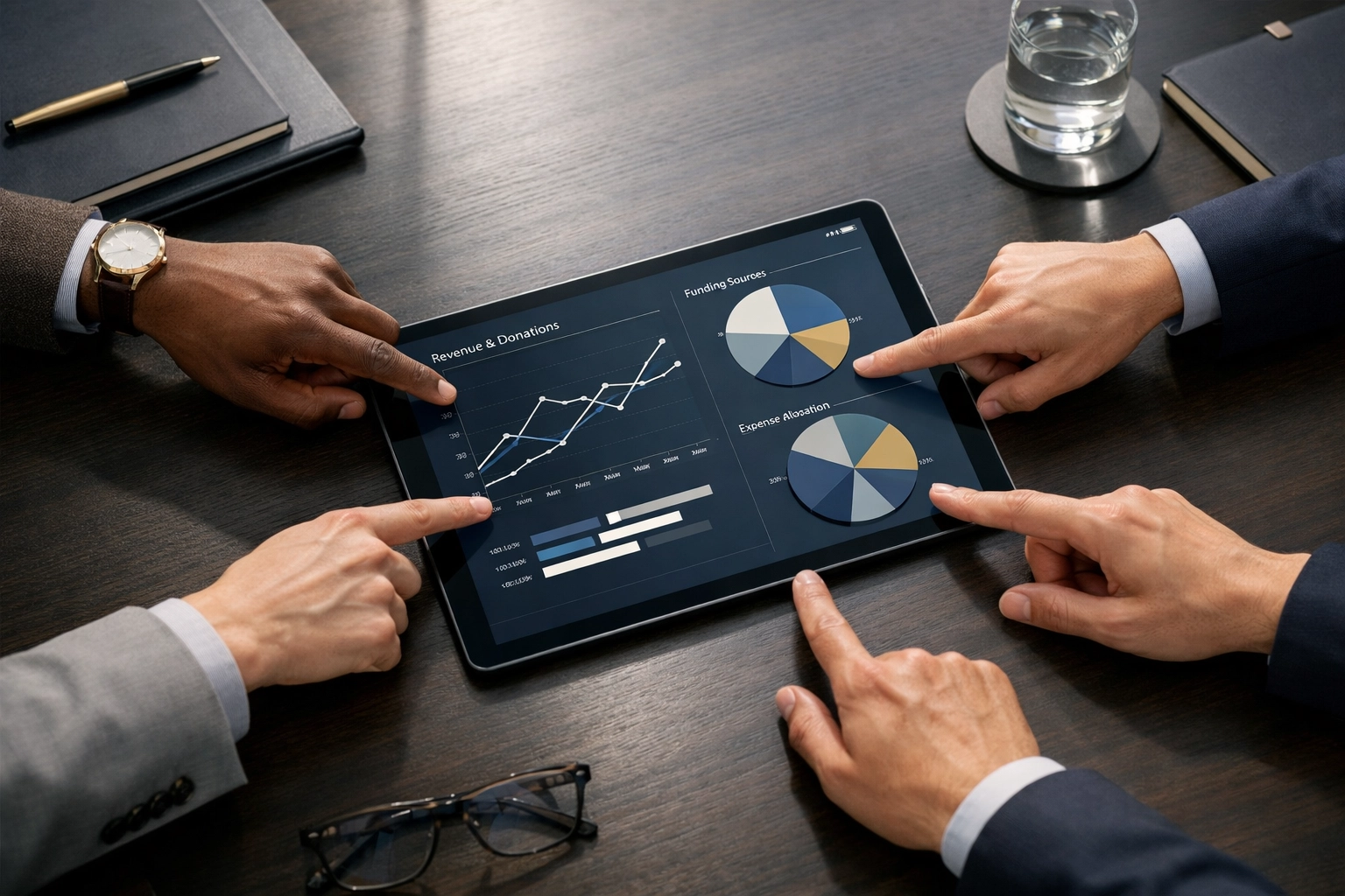 Nonprofit board members reviewing real-time financial dashboards on tablet during strategy meeting