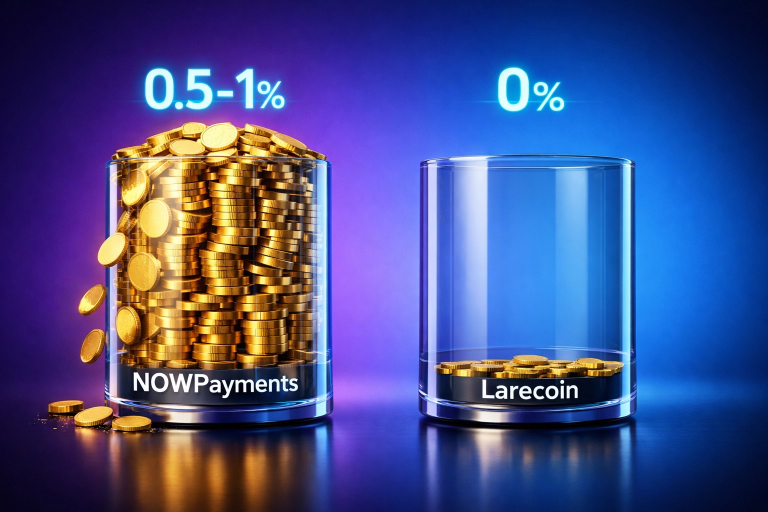 Crypto payment fee comparison showing Larecoin's 0% platform fees versus NOWPayments higher transaction costs