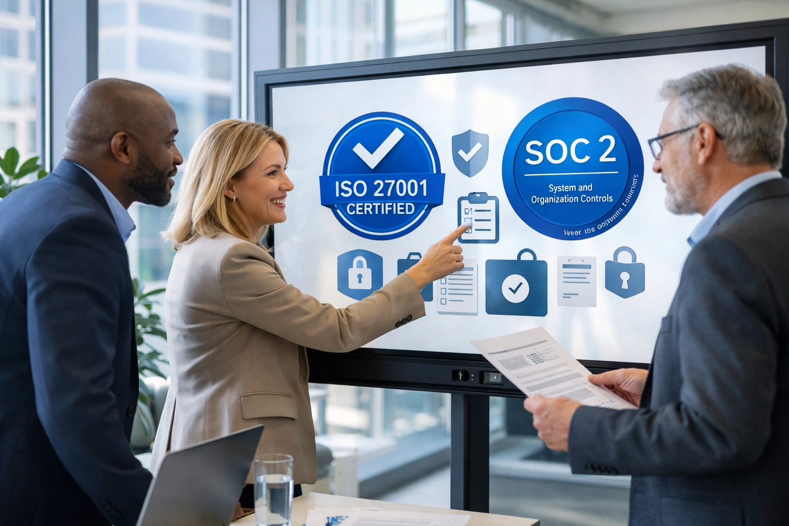 IT executives reviewing ISO 27001 and SOC 2 certification requirements for ServiceNow consulting services
