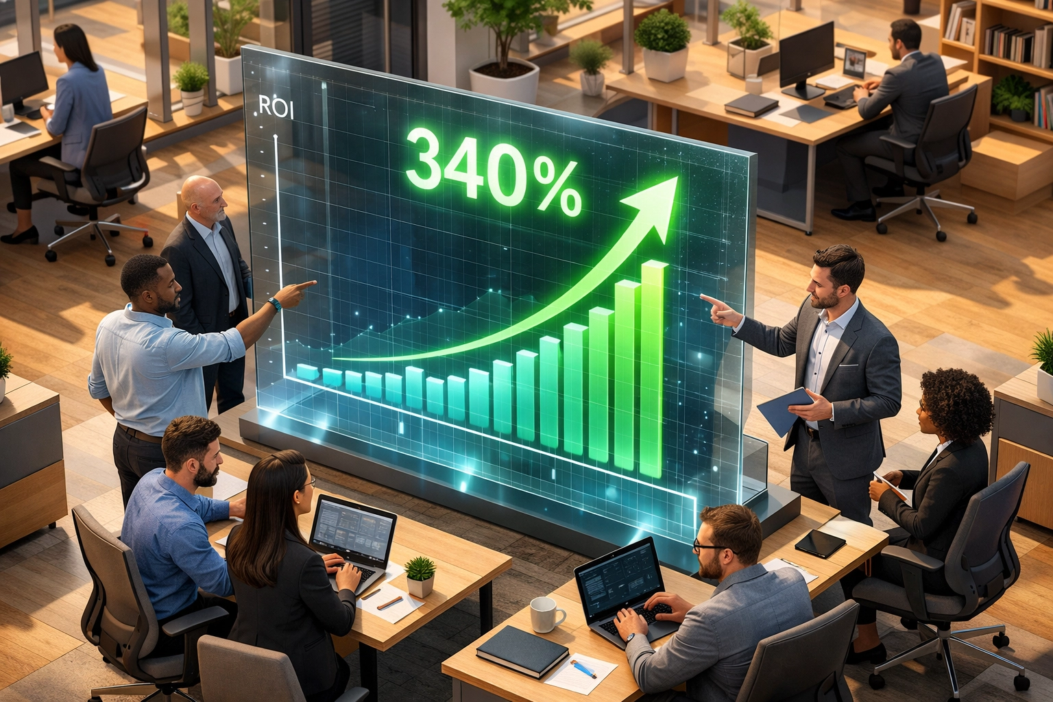 IT team collaborating around ServiceNow analytics displaying 340% ROI improvement graph