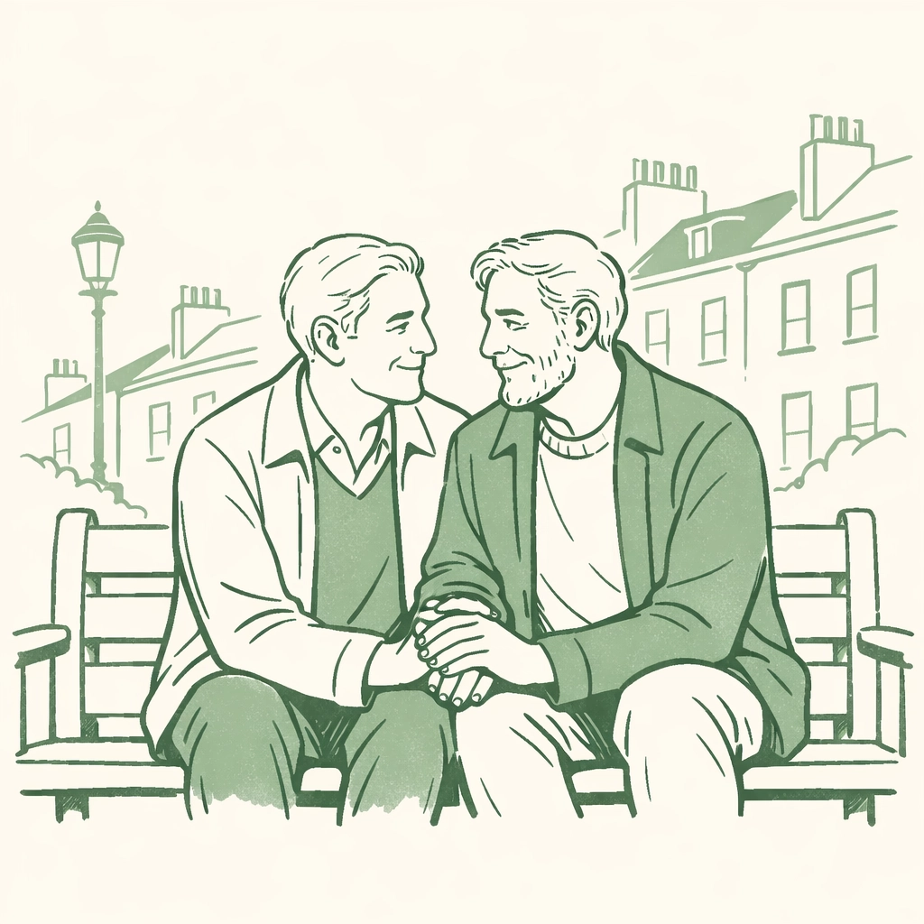 Illustration of an older gay couple holding hands on a bench, reflecting themes of heartfelt gay fiction.
