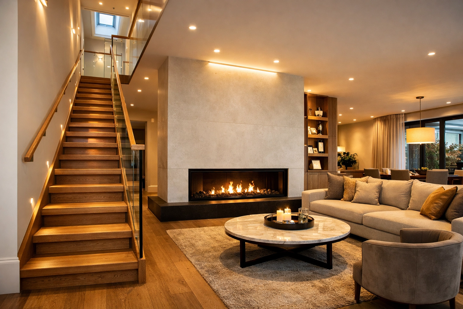 Interior of a completed open-plan renovation including a bespoke oak staircase and luxury loft conversion.