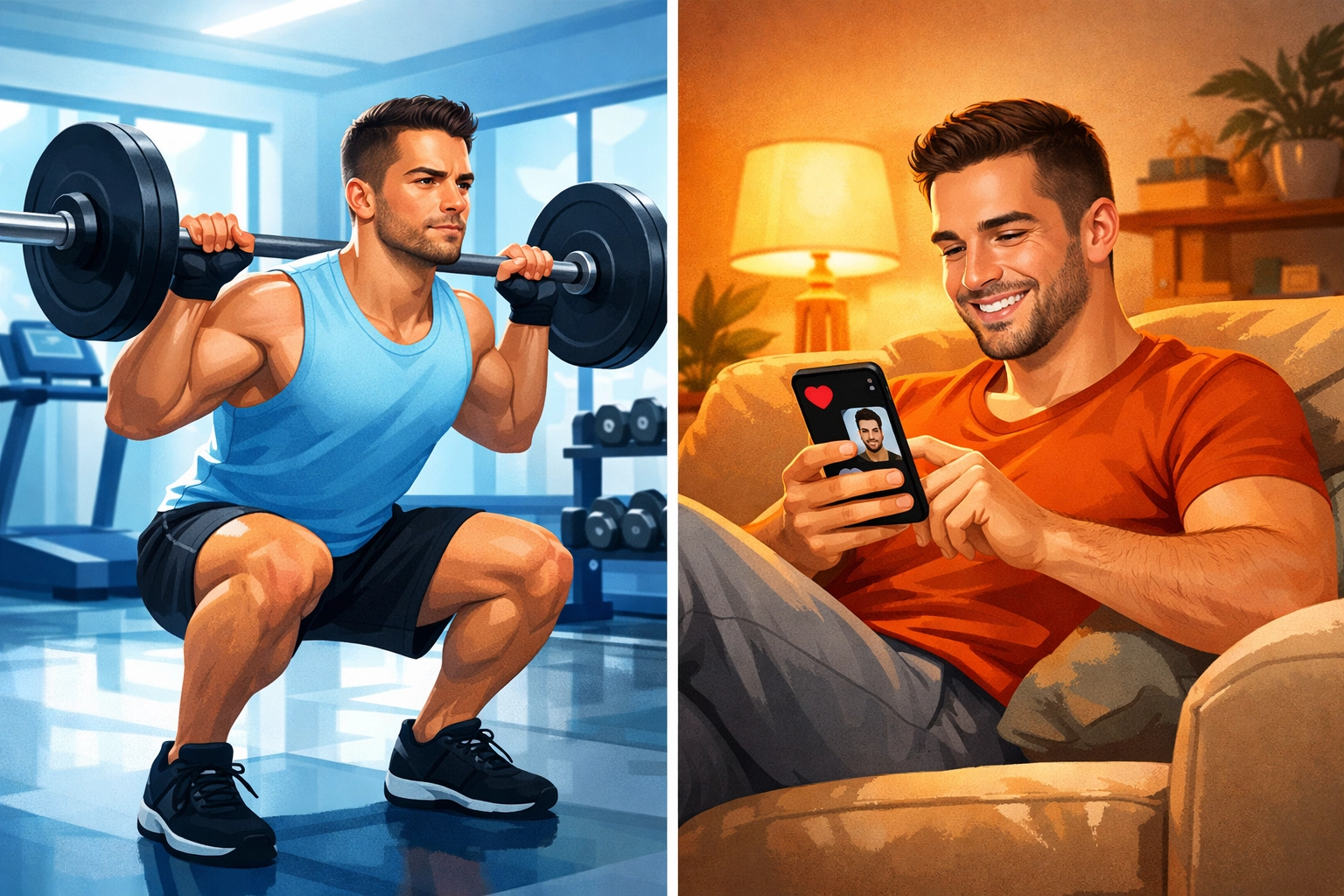 Modern gay fitness culture: gym workout versus dating app connection at home