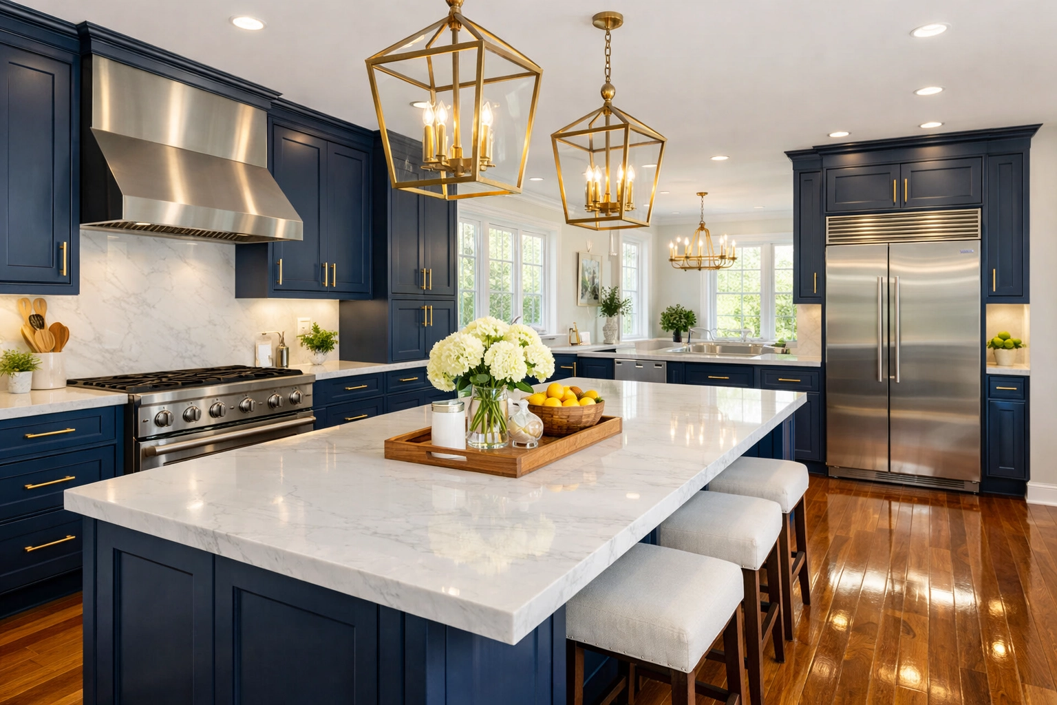 A spotless modern kitchen in Reading featuring polished marble counters after professional house cleaning.