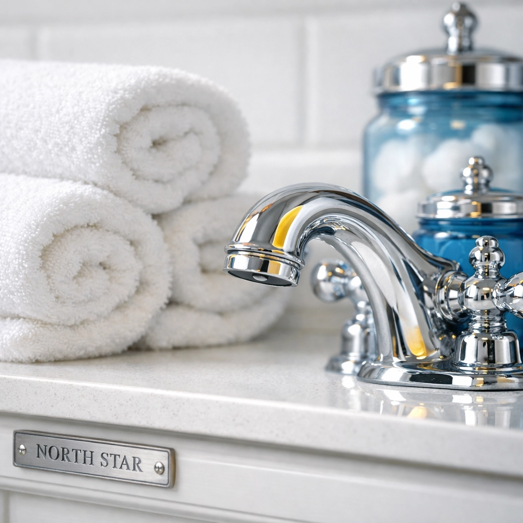 Close-up of a sanitized bathroom vanity in Stow, MA, showing the North Star cleaning standard.