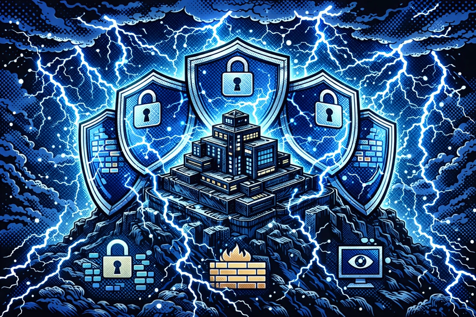 Secure payment processing fortress with layered security defenses during a compliance storm