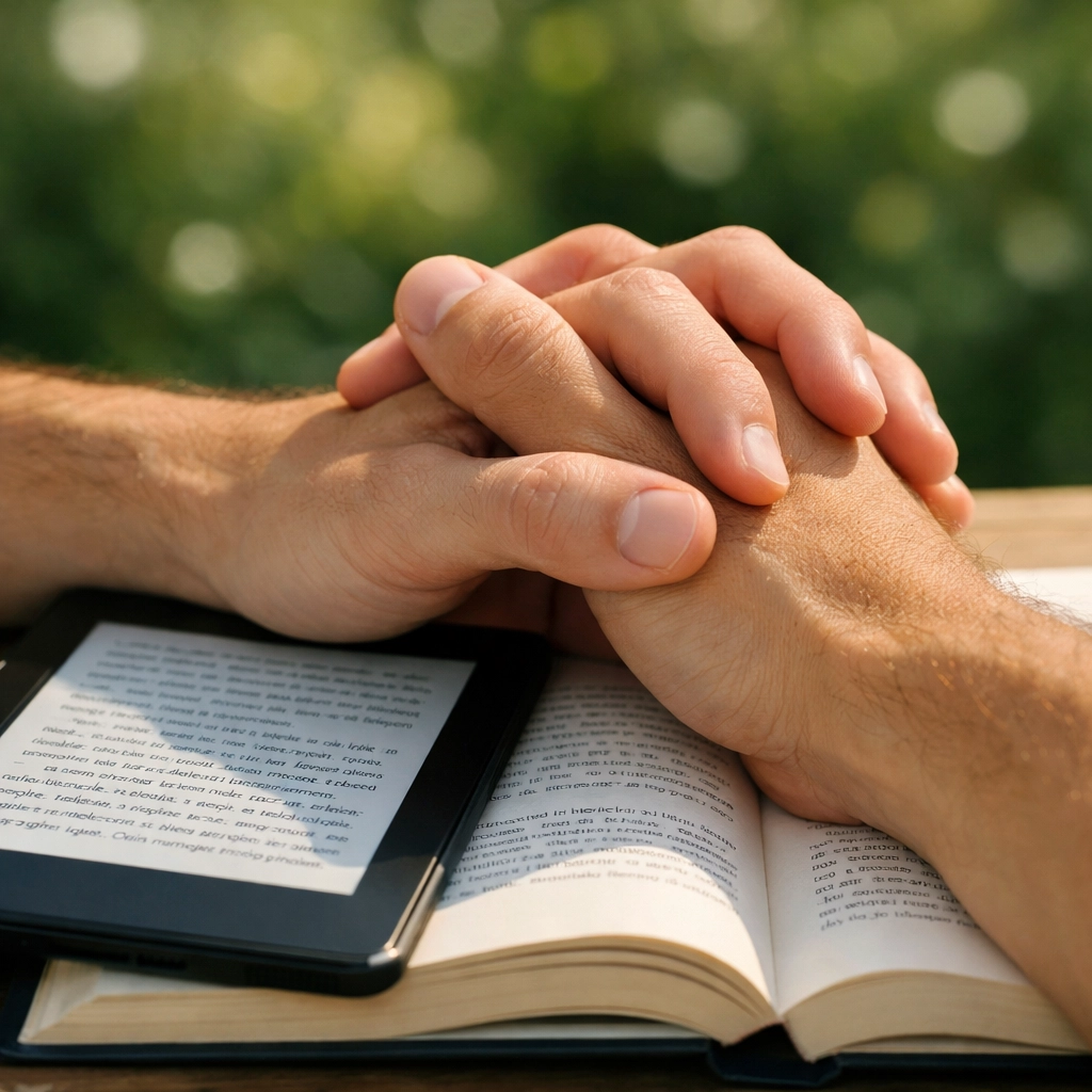 Intertwined hands over an e-reader and book, symbolizing the connection found in 2026 queer literature and MM fiction.