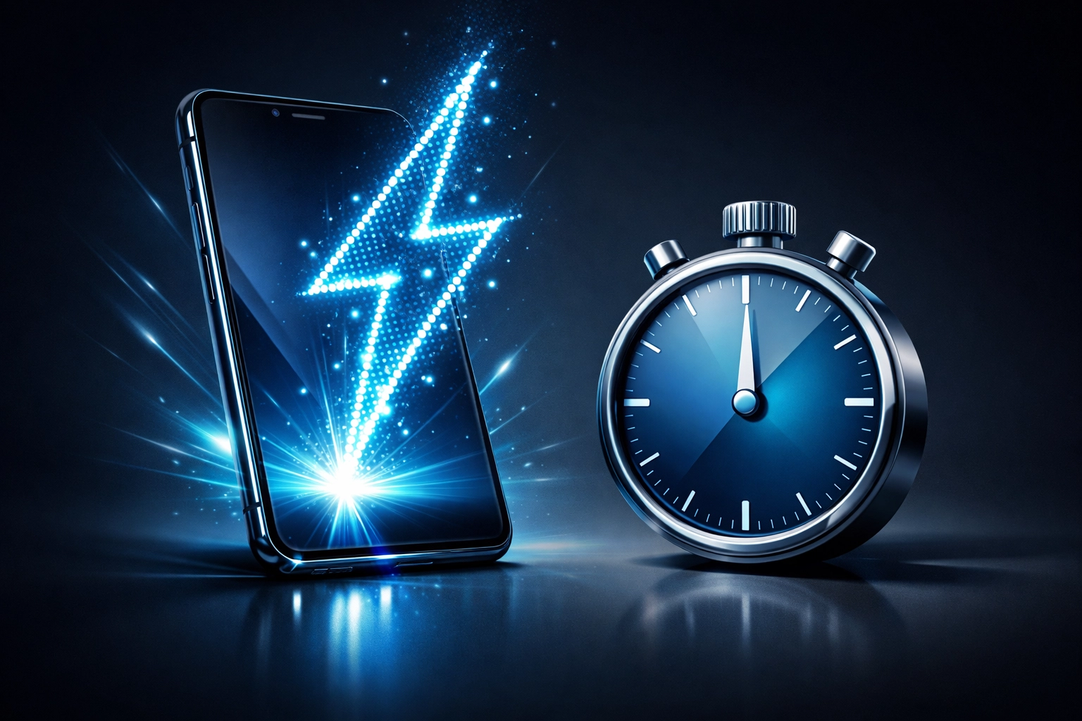 Glowing smartphone with a stopwatch illustrating fast real estate lead follow-up speed.