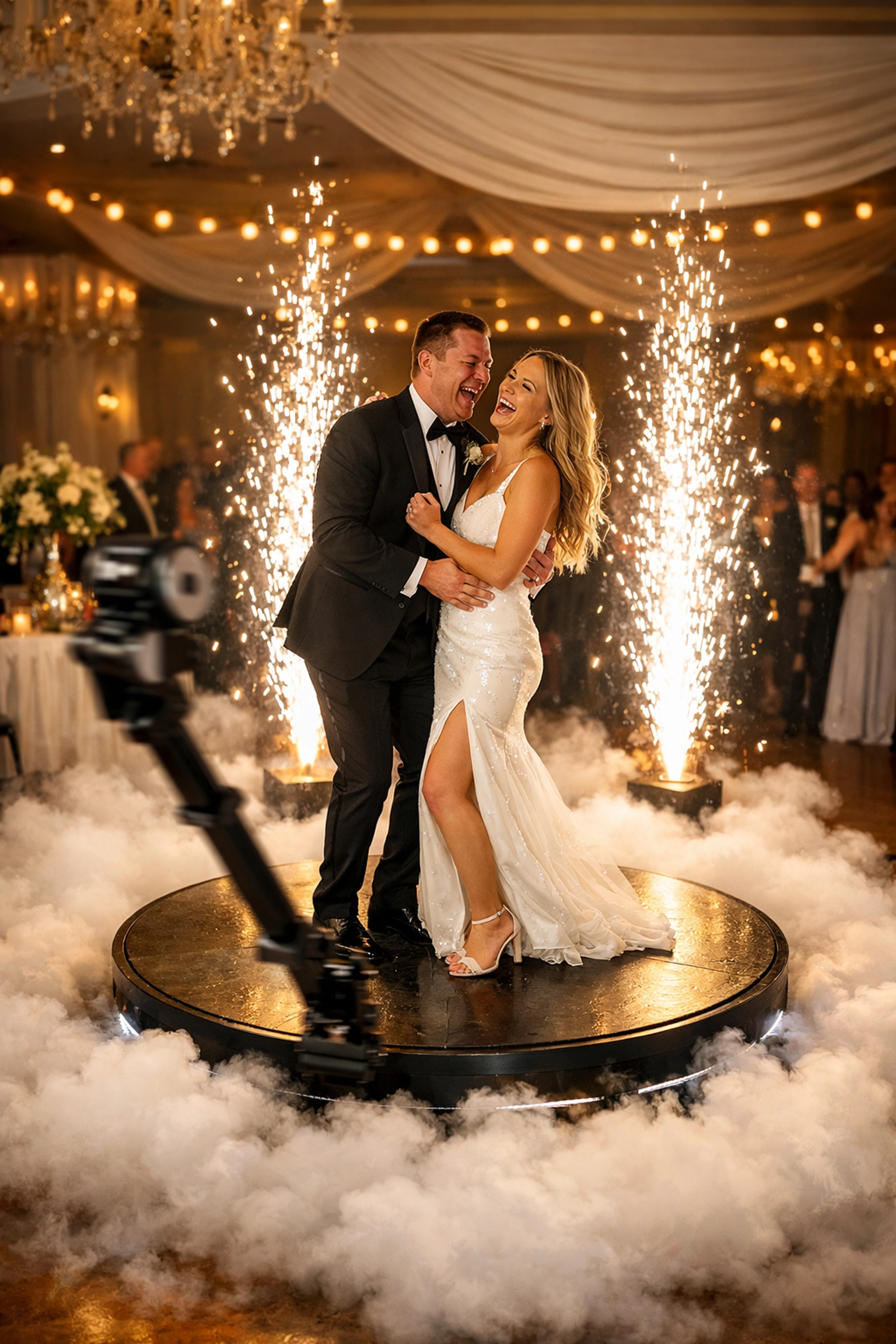 Couple using a 360 photo booth rental in Northeast Indiana in Fort Wayne with professional special FX.