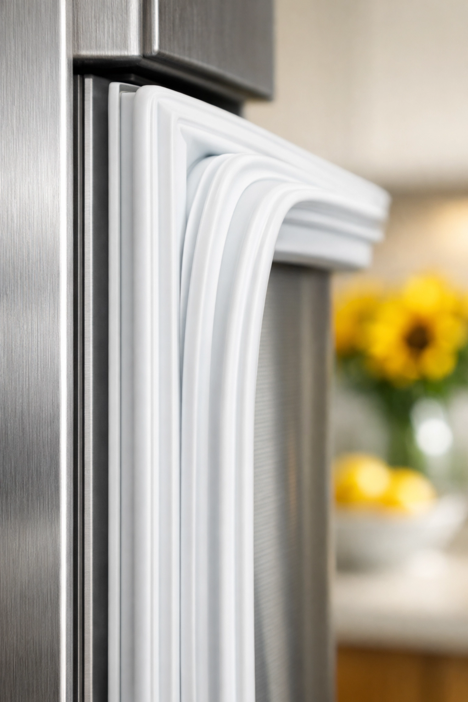 Close-up of a clean refrigerator door seal gasket to maintain energy efficiency and hygiene.