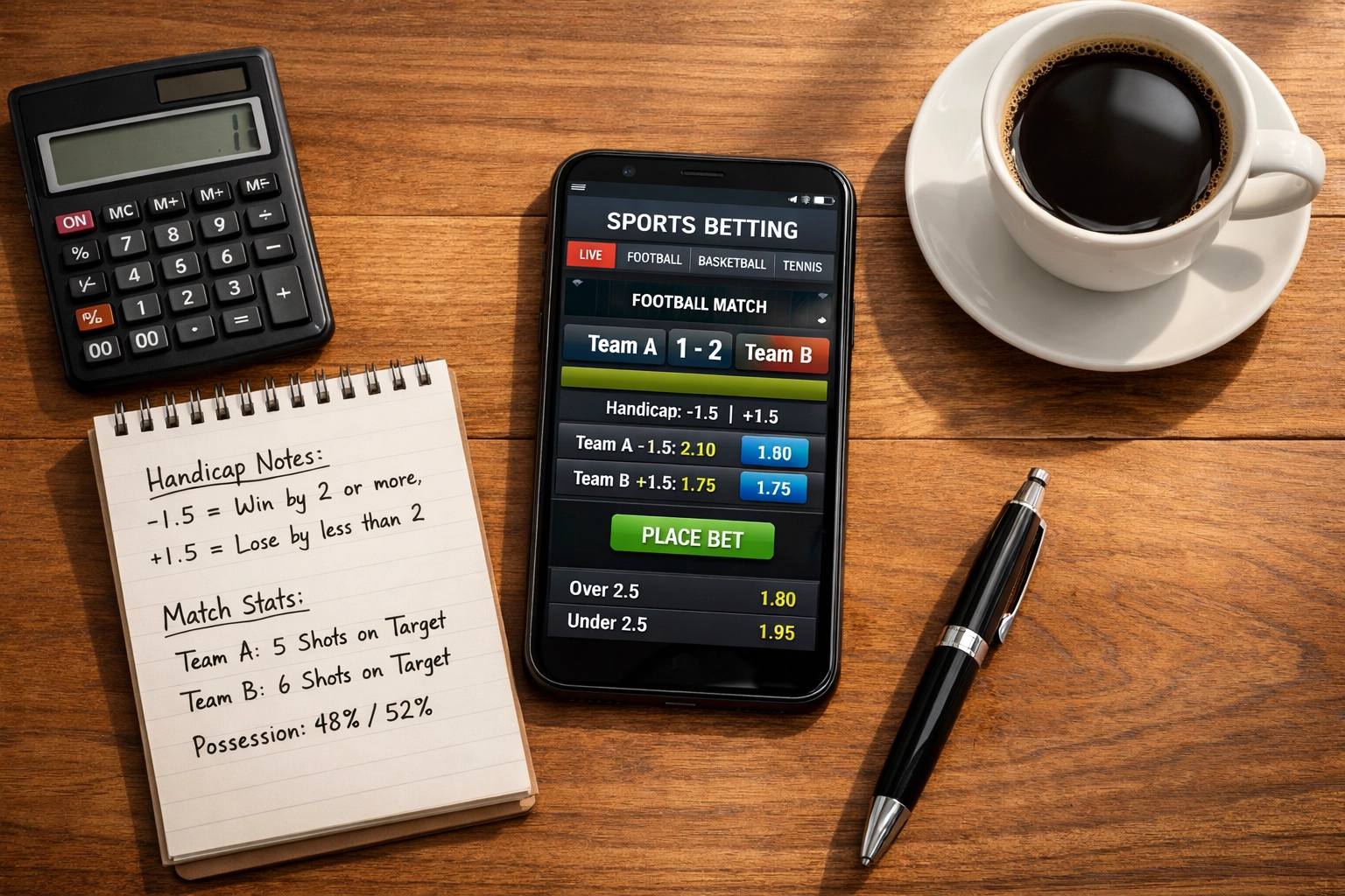 Sportwetten-App mit Handicap-Berechnungen und Wettstatistiken auf dem Schreibtisch