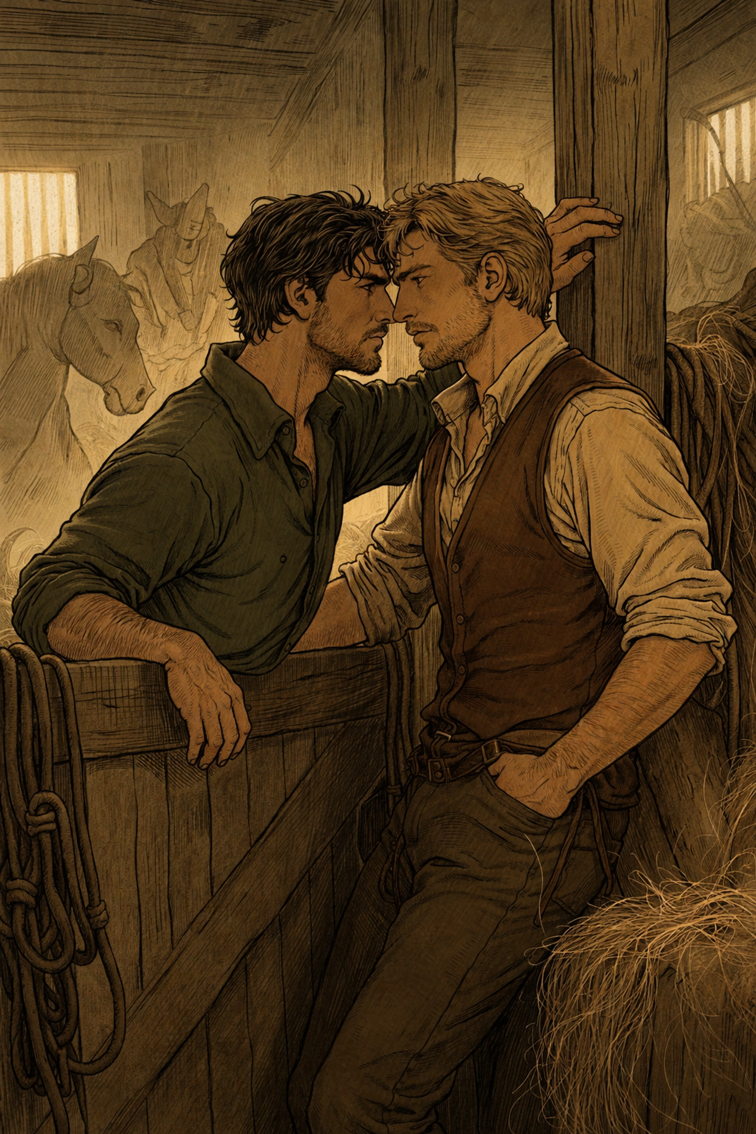 Intimate stable scene between two men in The Open Field MM polo romance
