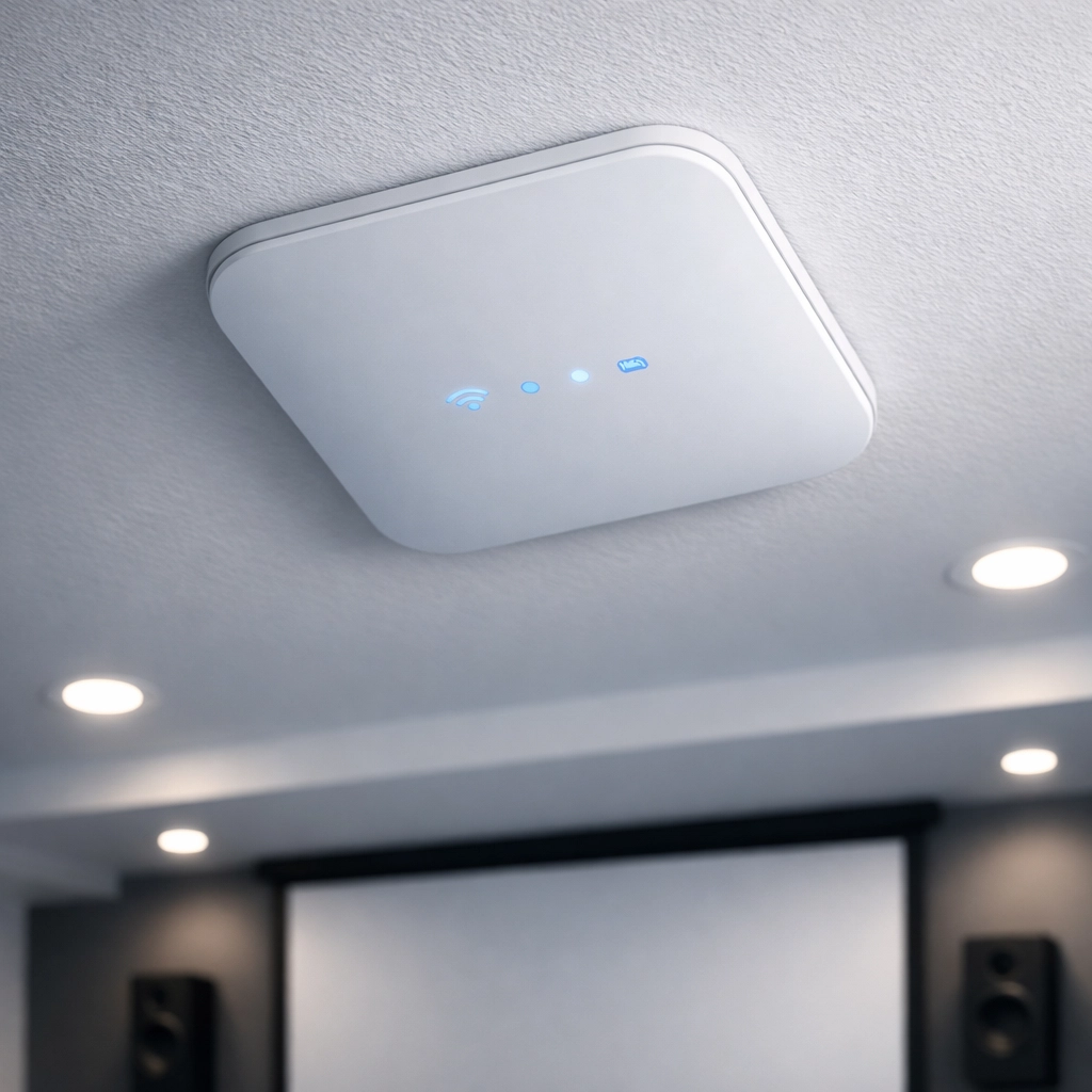 Professional WiFi access point on theater ceiling, representing robust connectivity for home cinemas.