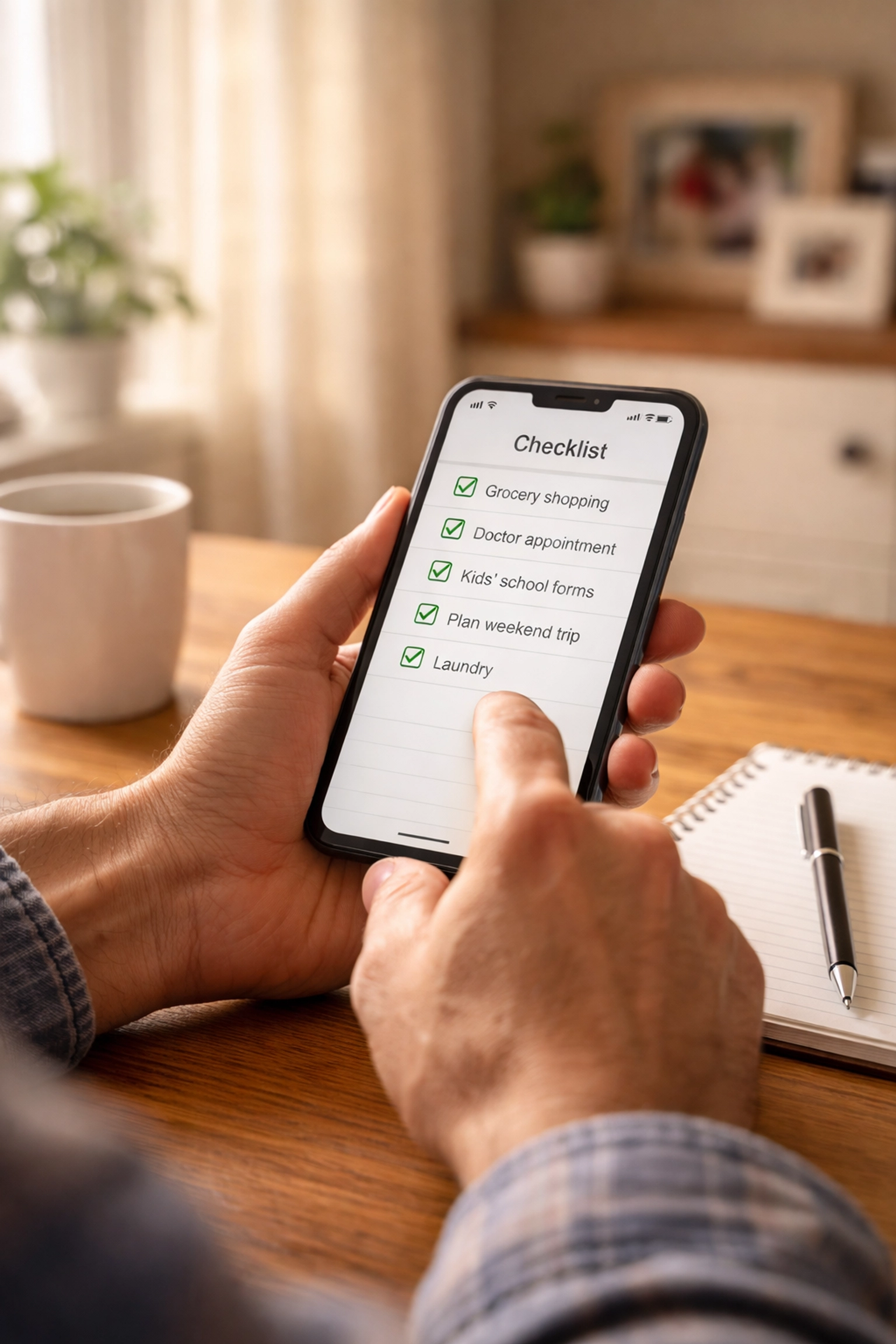 Parent reviewing a co-parenting app checklist at home, highlighting organization and planning in Fredericksburg VA custody cases