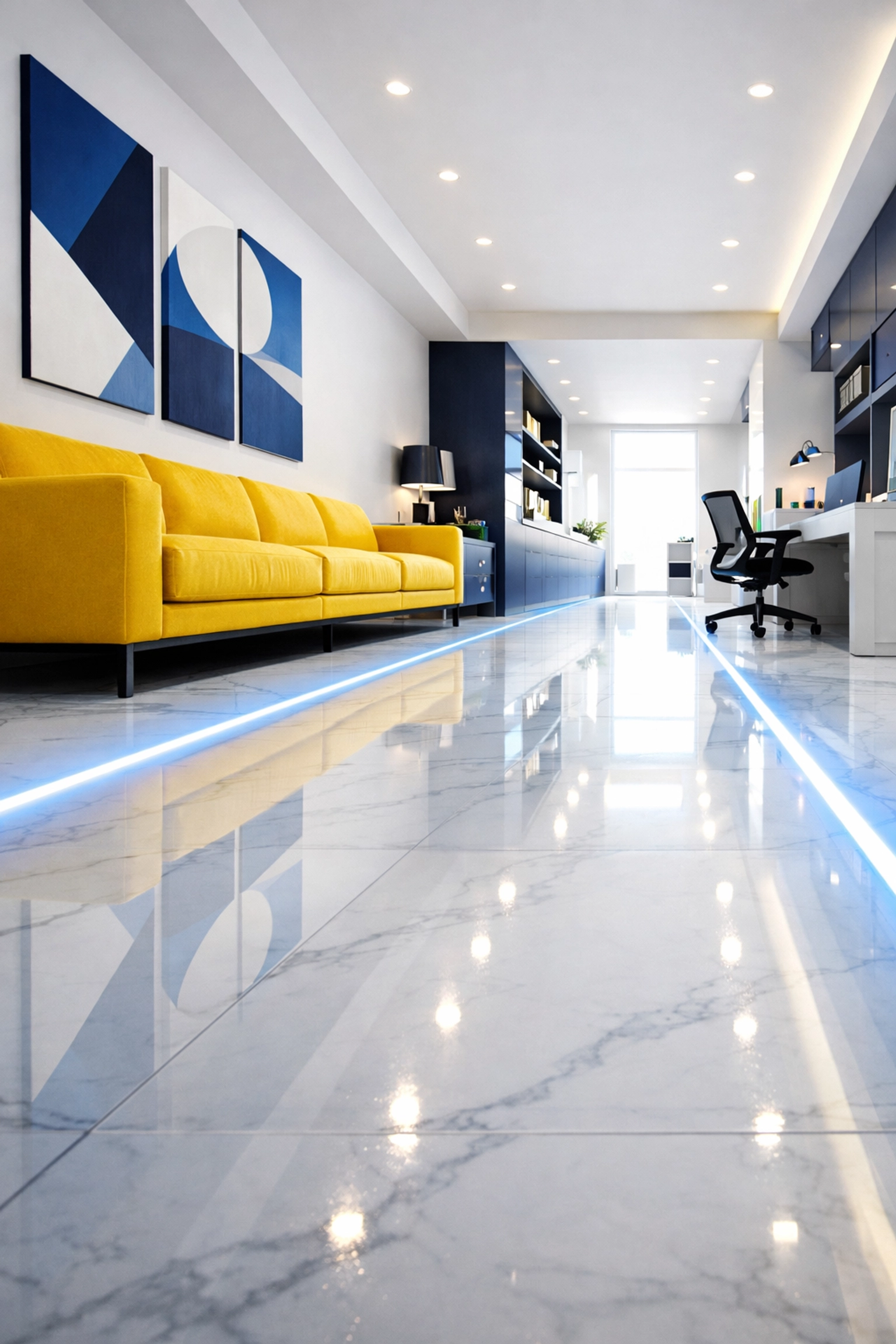 Polished marble floor in a clean living area illustrating how apartment cleaning removes mental friction.