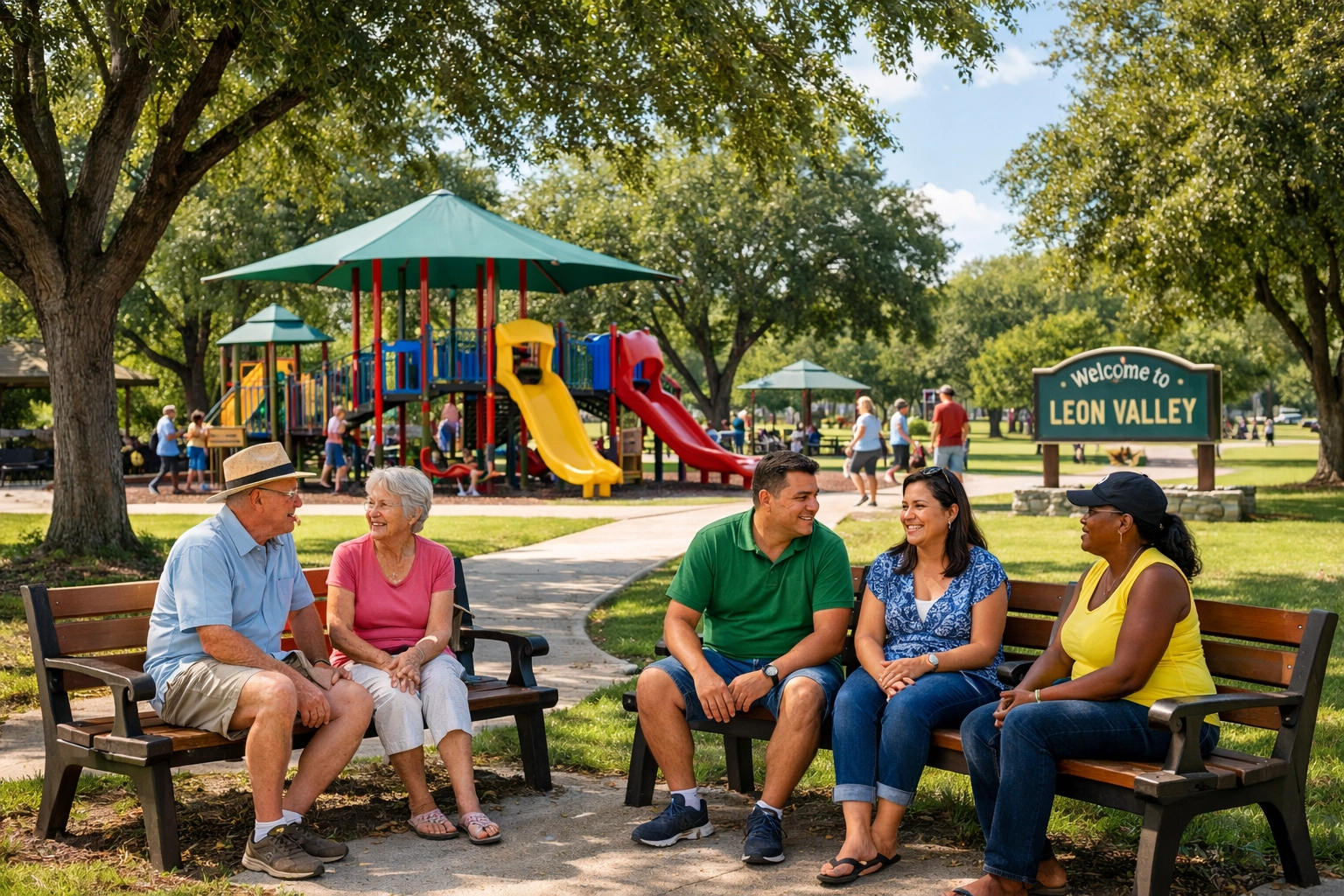 Neighbors gathering at a shaded community park and playground in Leon Valley.
