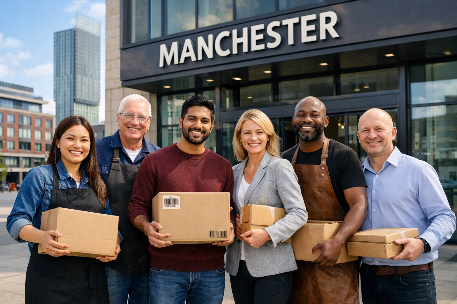 Manchester business owners holding parcels representing local logistics partnership