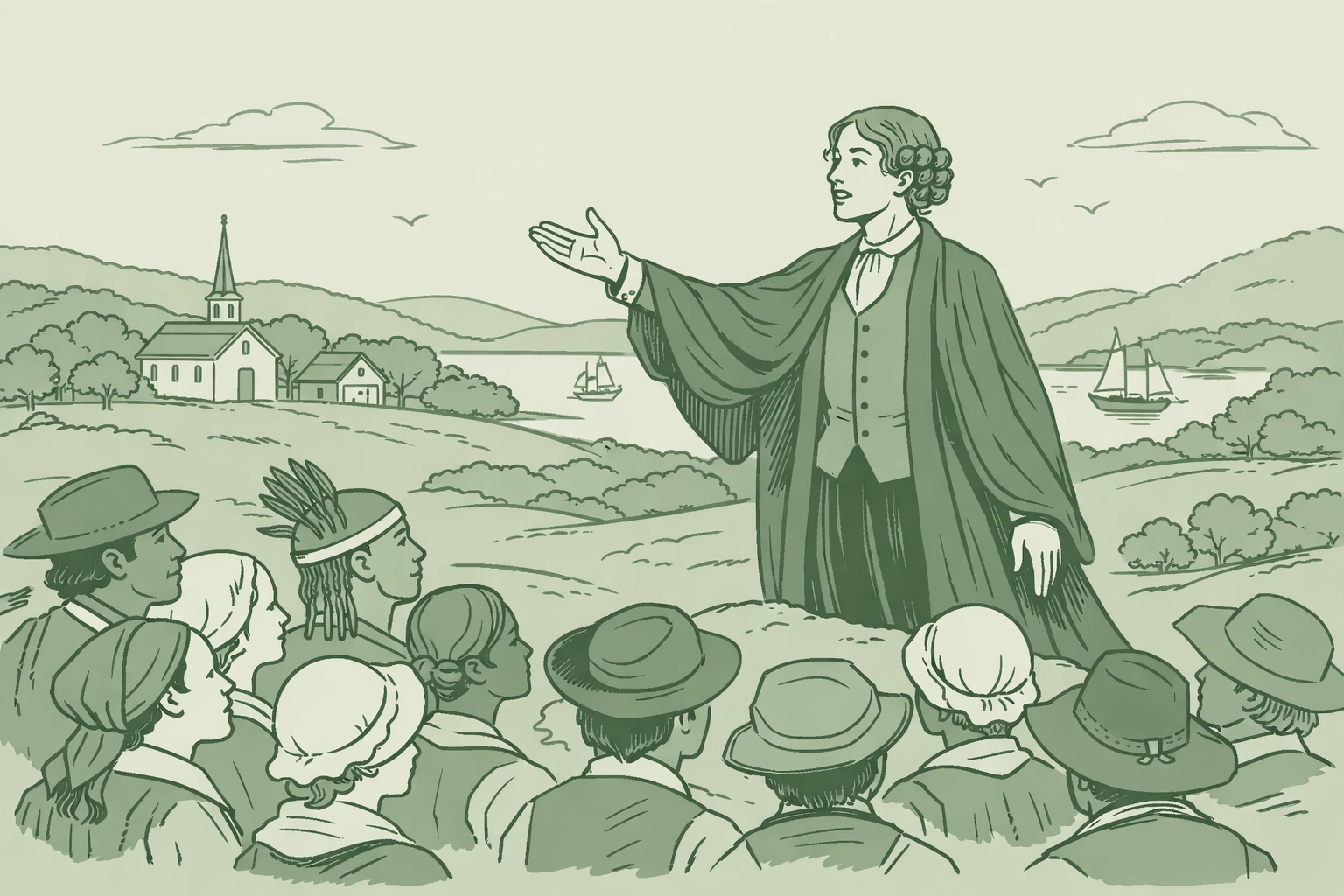 Public Universal Friend preaching to diverse colonial crowd in 1770s Rhode Island