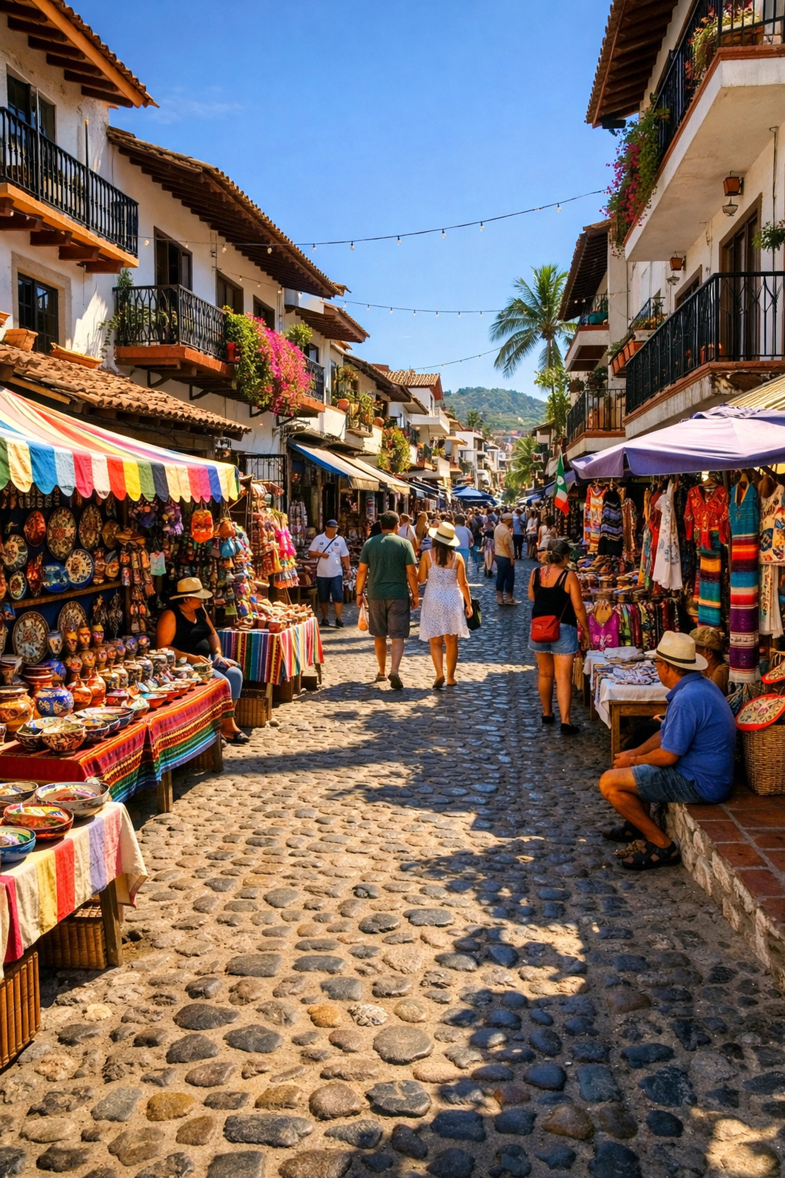 Zona Romántica Puerto Vallarta street scene with local vendors and traditional low-rise buildings