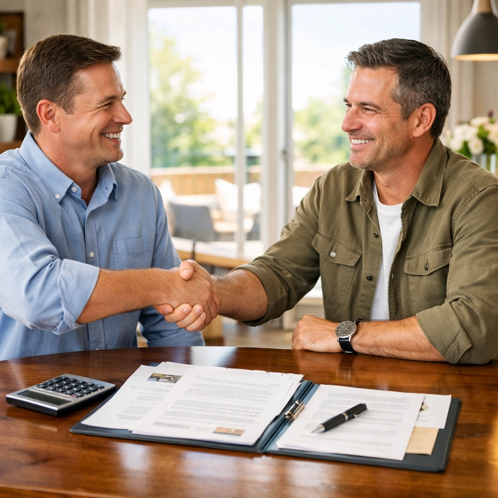 Successful home sale negotiation handshake between buyer and seller in Triad NC Successful home sale negotiation handshake between buyer and seller in Triad NC