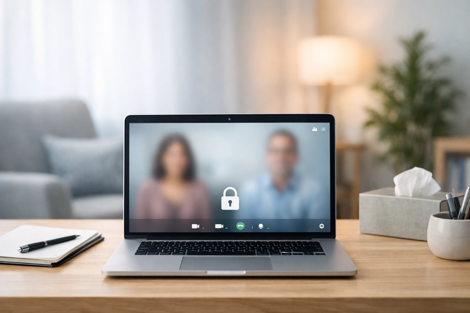 Secure mental health therapist workspace with a laptop set up for a HIPAA-compliant telehealth session.