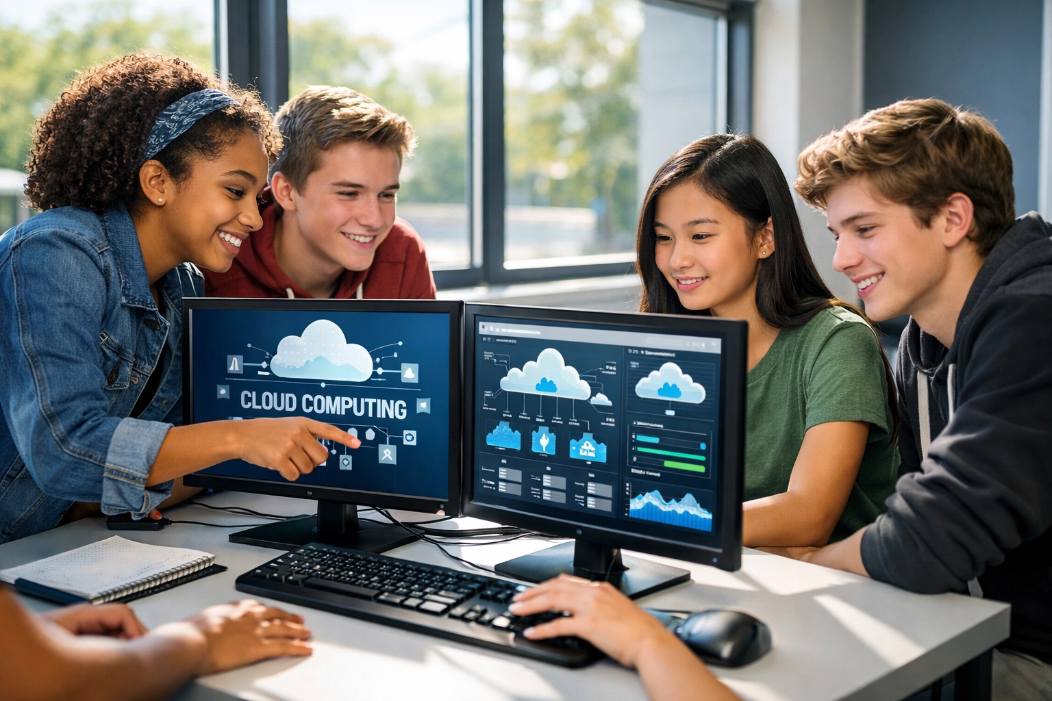 High school students collaborating on cloud computing projects in modern classroom