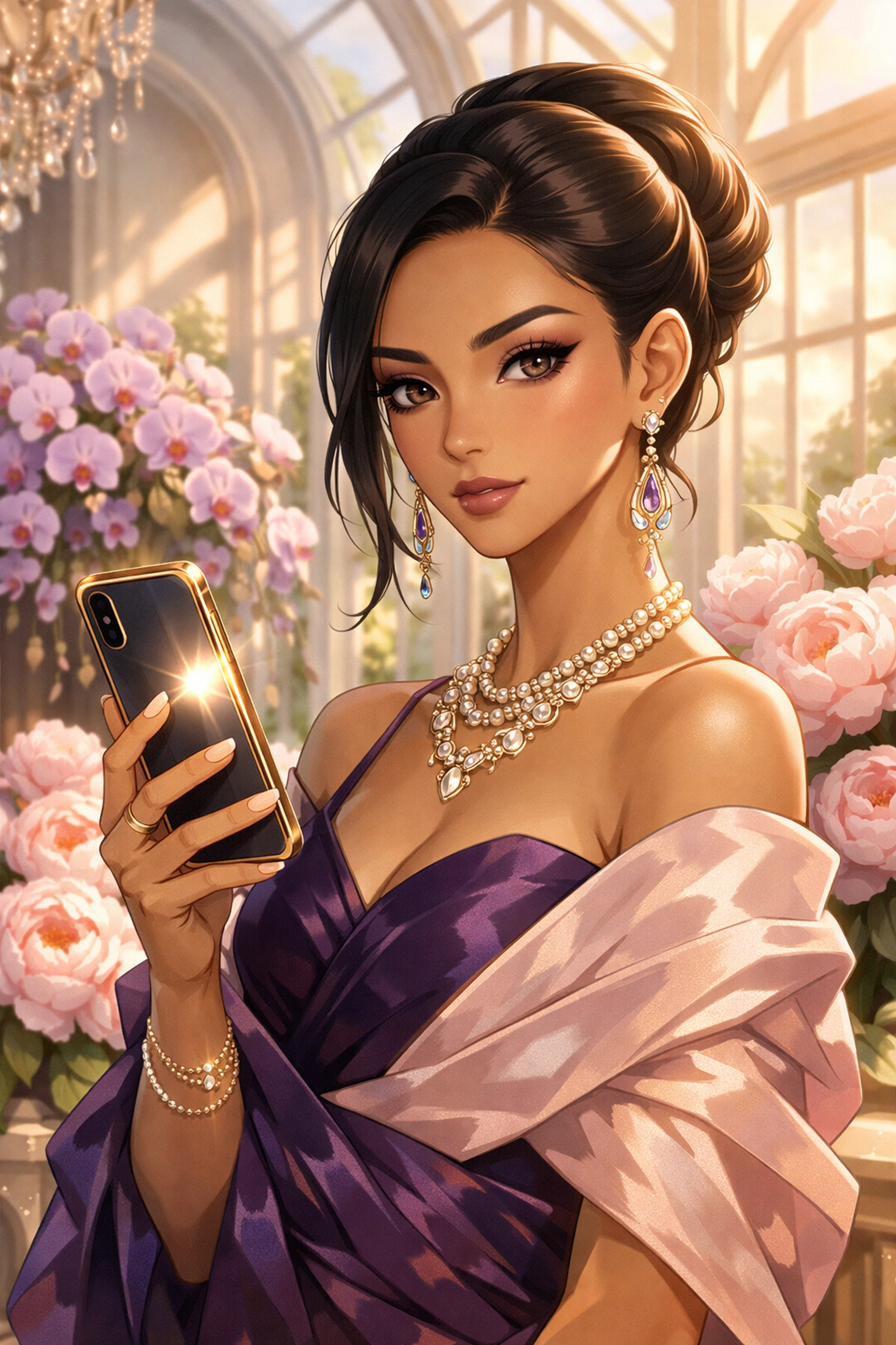 Elegant woman with natural nano brows in a floral setting, representing the timeless Chestnut Hill aesthetic.