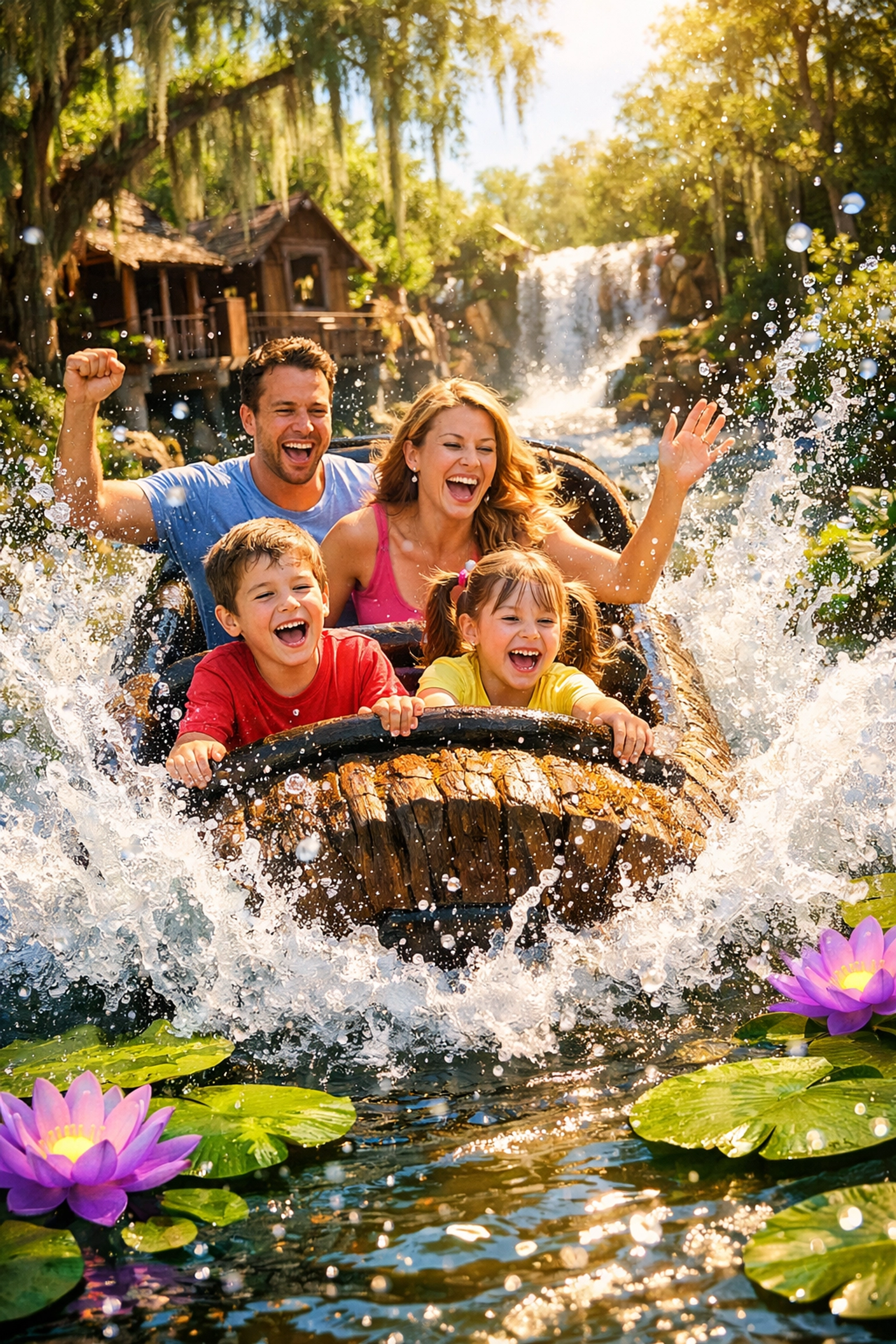 A family enjoys the splashing Tiana's Bayou Adventure ride at Disney's Magic Kingdom in Orlando.