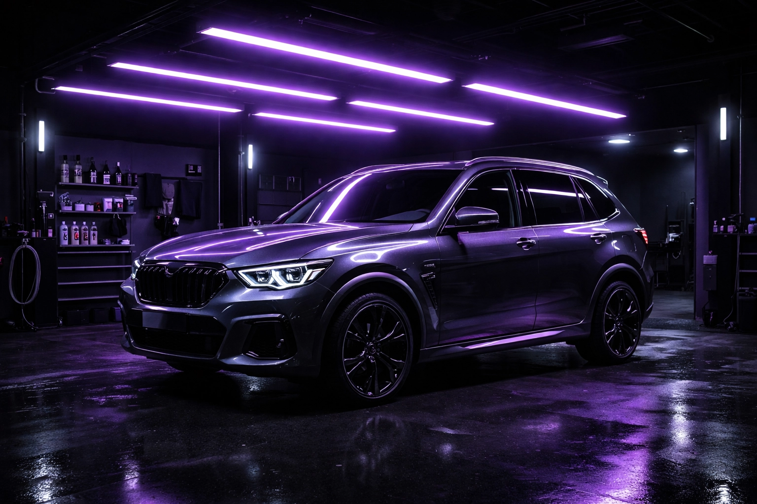 Auto detailing bay with a pristine SUV under neon lighting, showcasing Elite Window Tintz expertise in Clayton NC